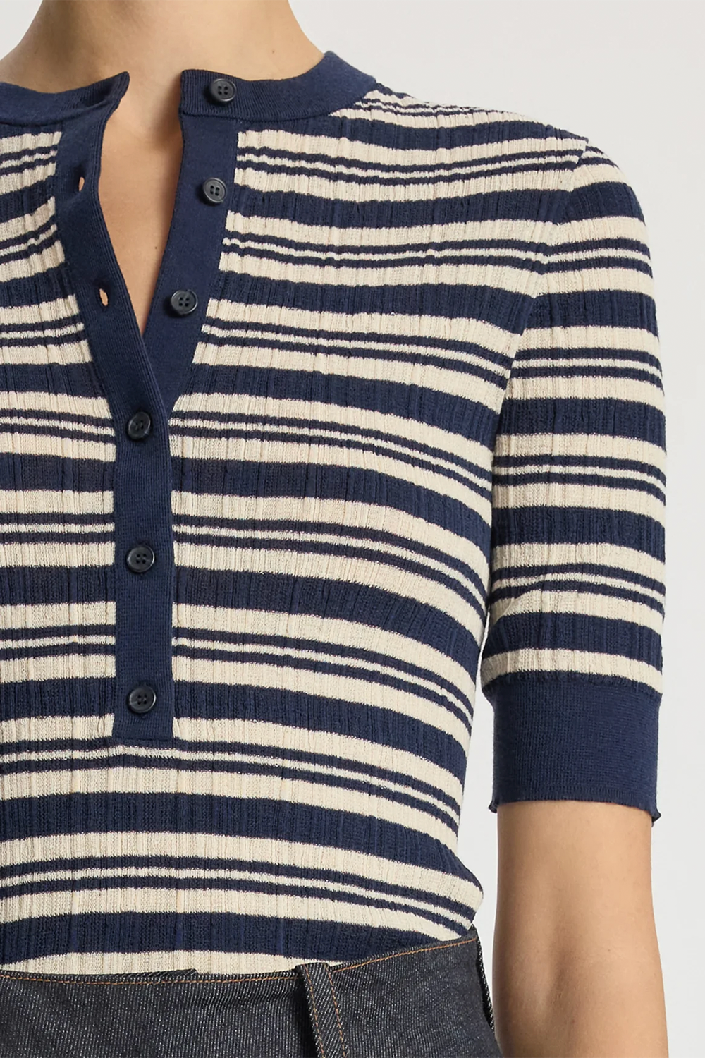 Fisher Fine Cotton Knit Top Navy/White