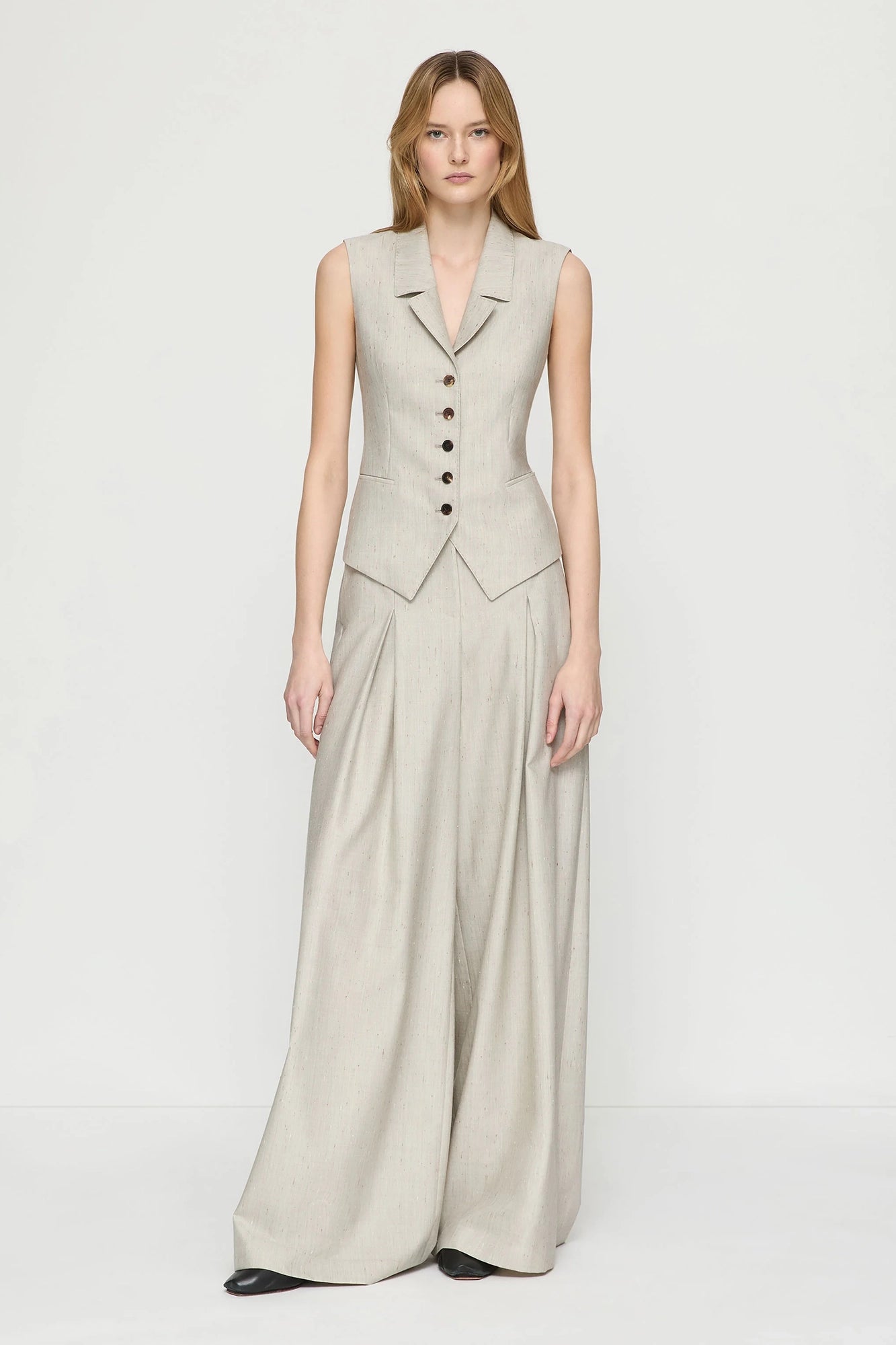 Flecked Wool-Silk Warren Pleated Wide Leg Pant Pencil Grey Multi