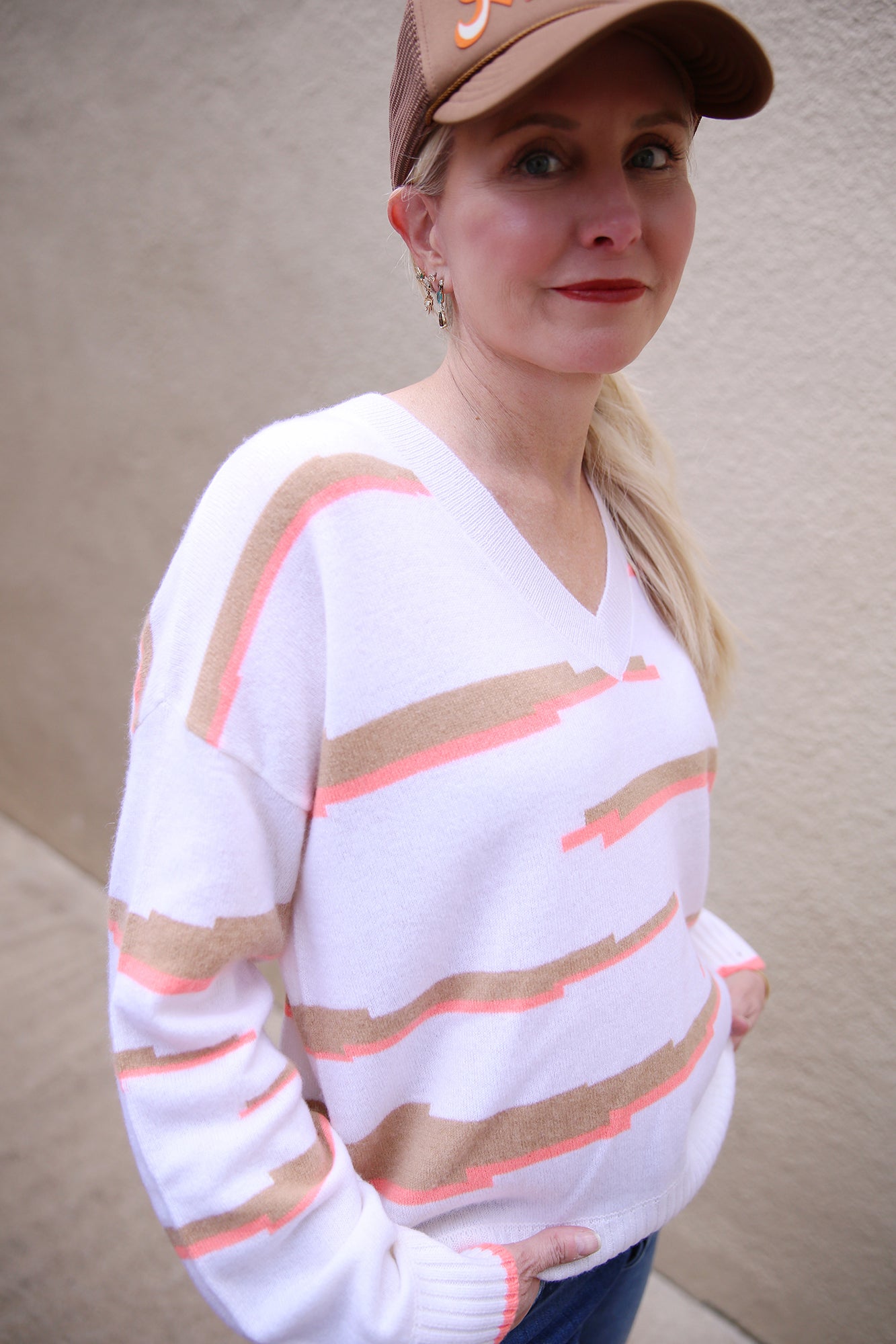 Glitch Zebra V Neck Sweater Organic White Camel Neon Coral