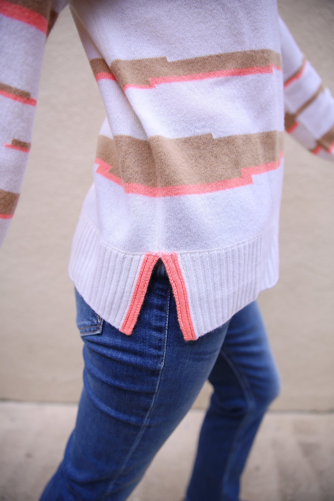 Glitch Zebra V Neck Sweater Organic White Camel Neon Coral