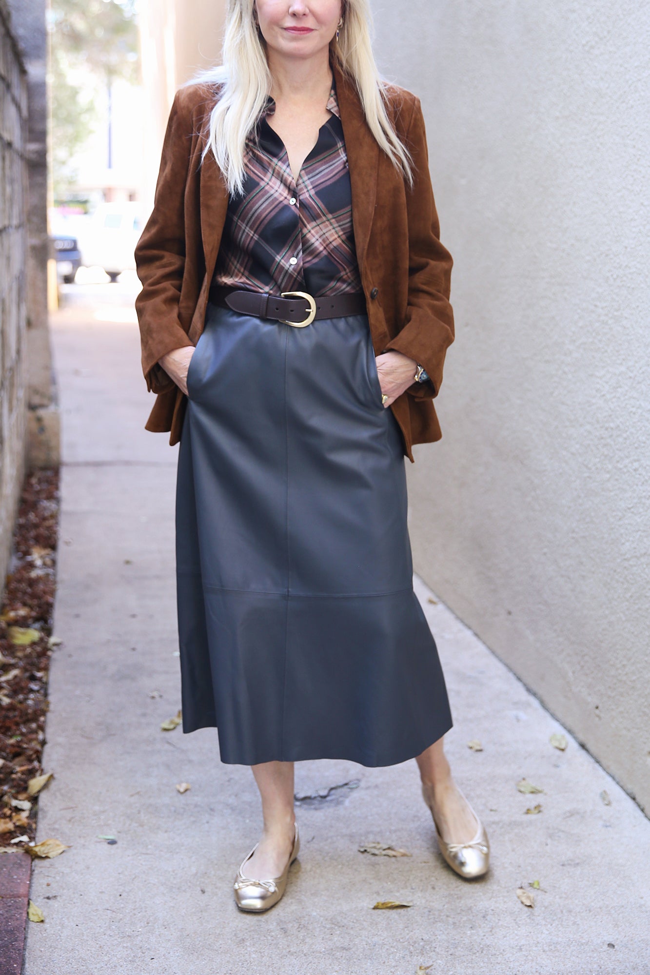 Gathered Leather Mid-Rise Skirt Graphite