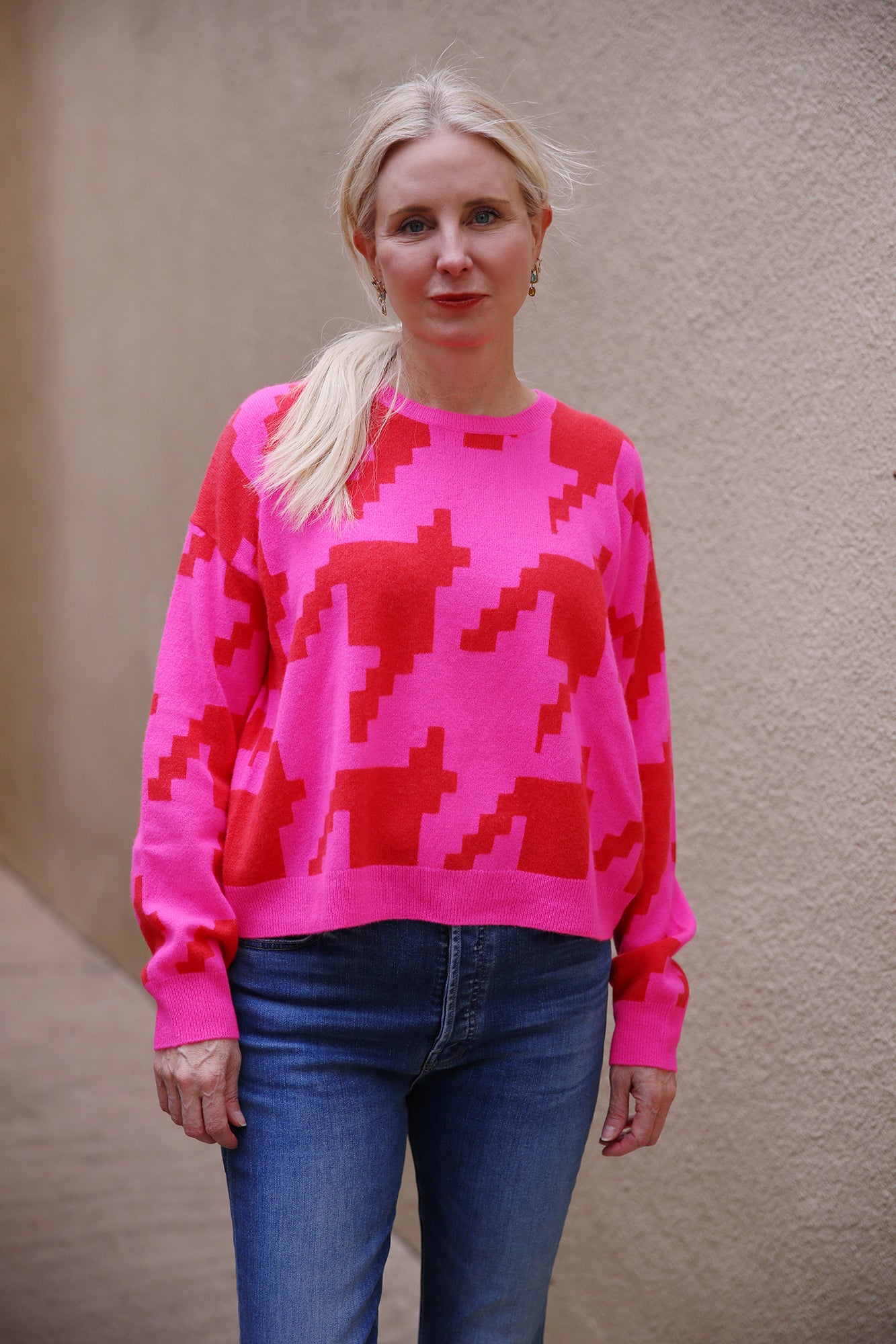 Hayley Houndstooth Crew Sweater Diva Pink Lipstick