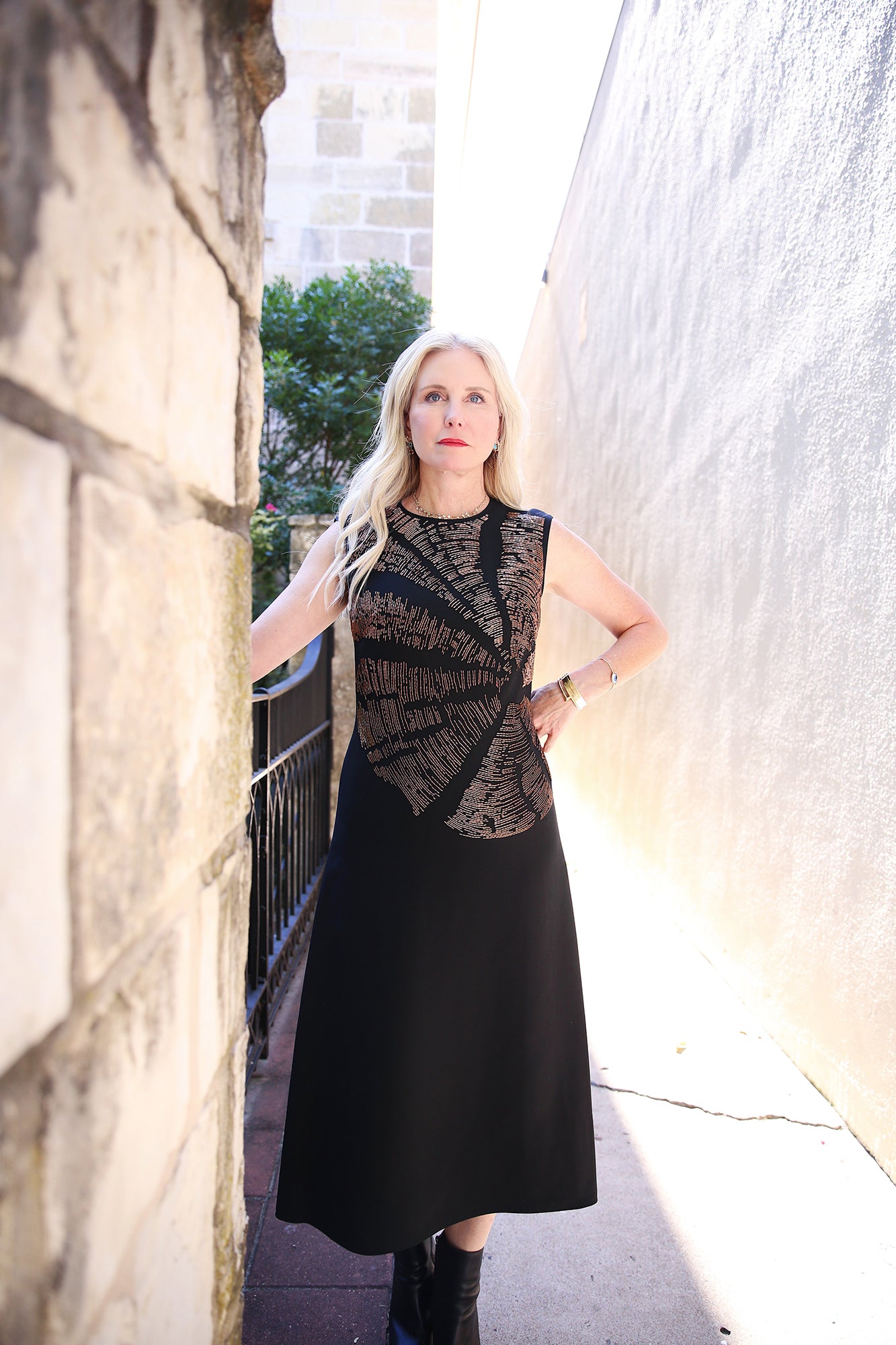 Hand-Beaded Wool-Silk Crepe Cap Sleeve Dress Black