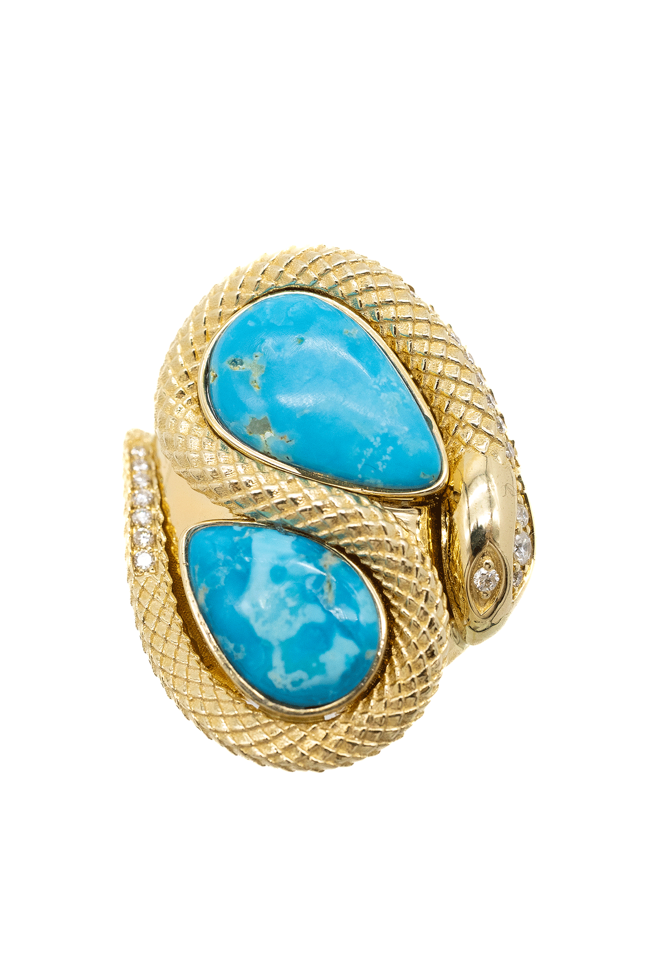 This exquisite Teardrop Turquoise Pave Diamond Snake Ring from the renowned Jacquie Aiche is crafted with a unique teardrop shape and features a pave diamond-encrusted snake design. Boasting superior quality and an undeniable luxury look, this ring is the perfect addition to any jewelry collection.
