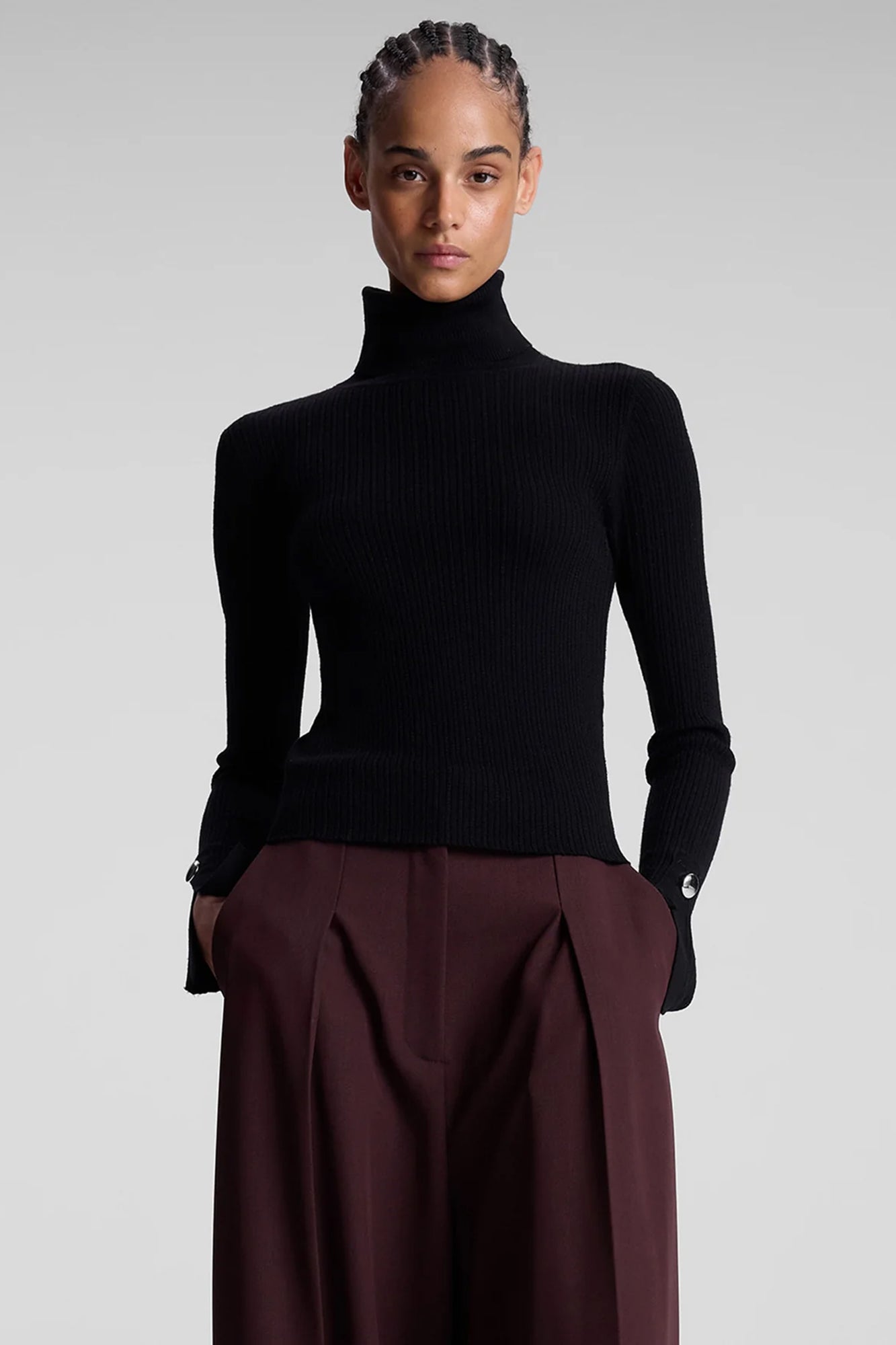 Jett Cable Knit Merino Turtleneck Top Black