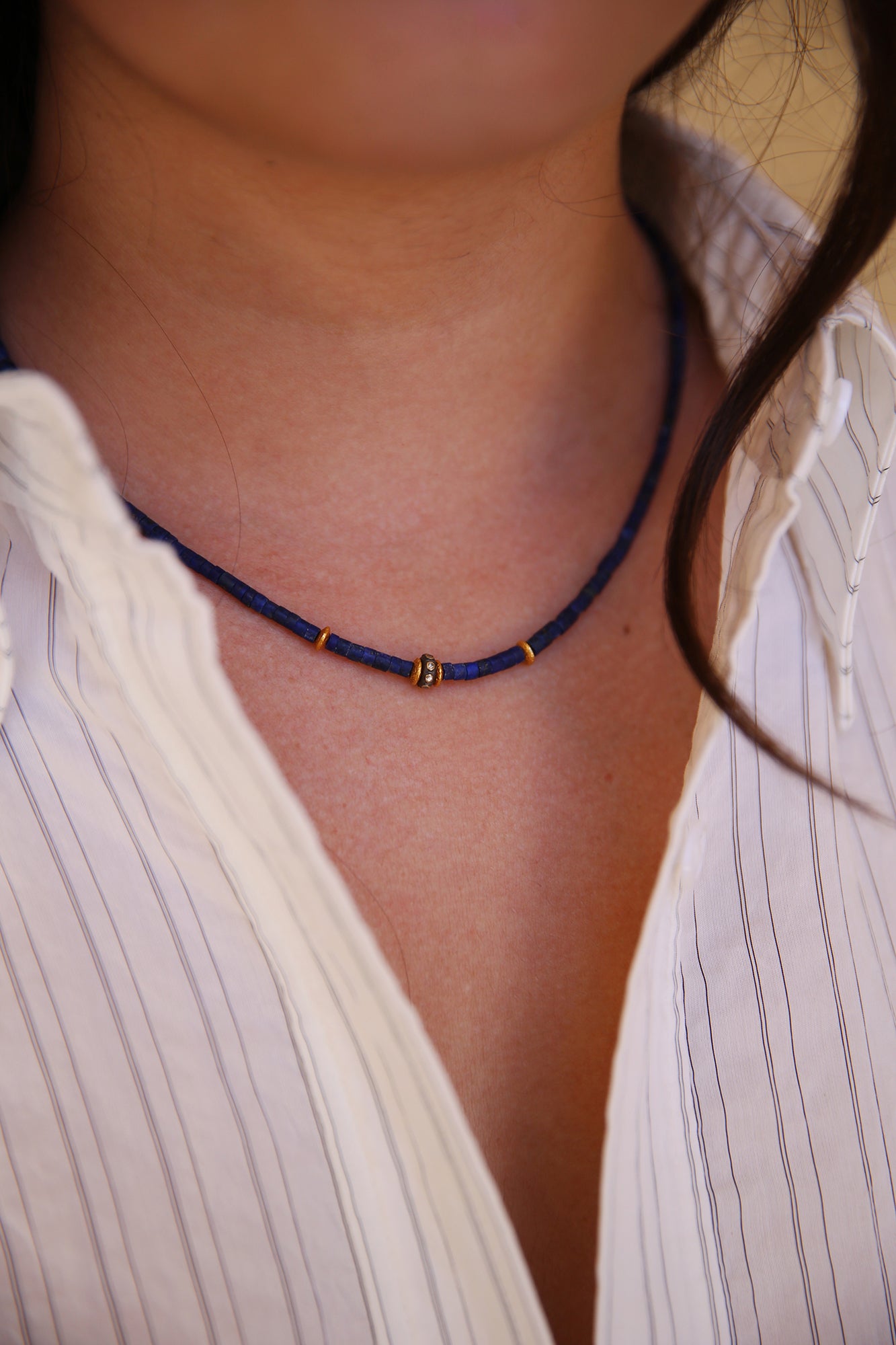 Tube Lapis With Diamond And Gold Beads