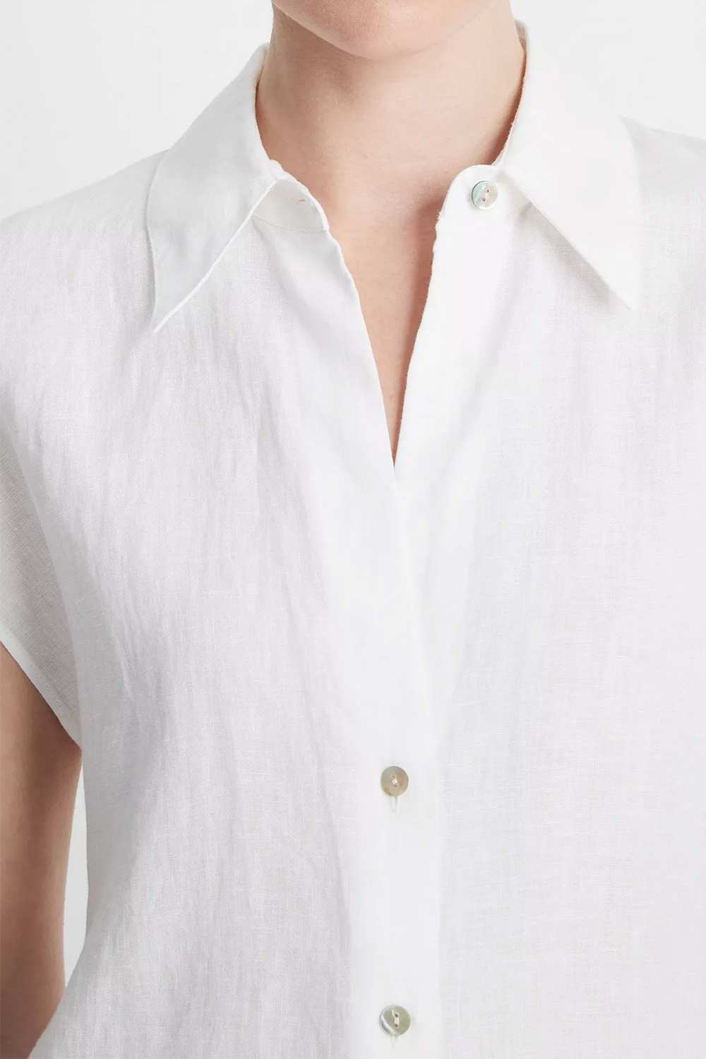 Linen Cap-Sleeve Button-Front Blouse Optic White