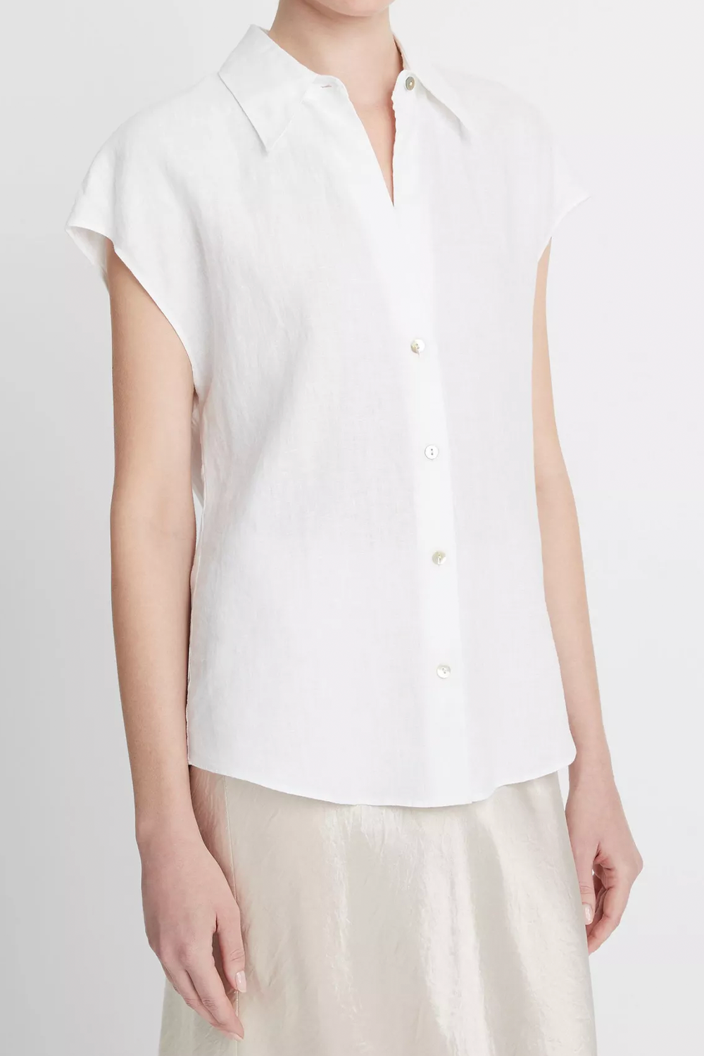 Linen Cap-Sleeve Button-Front Blouse Optic White