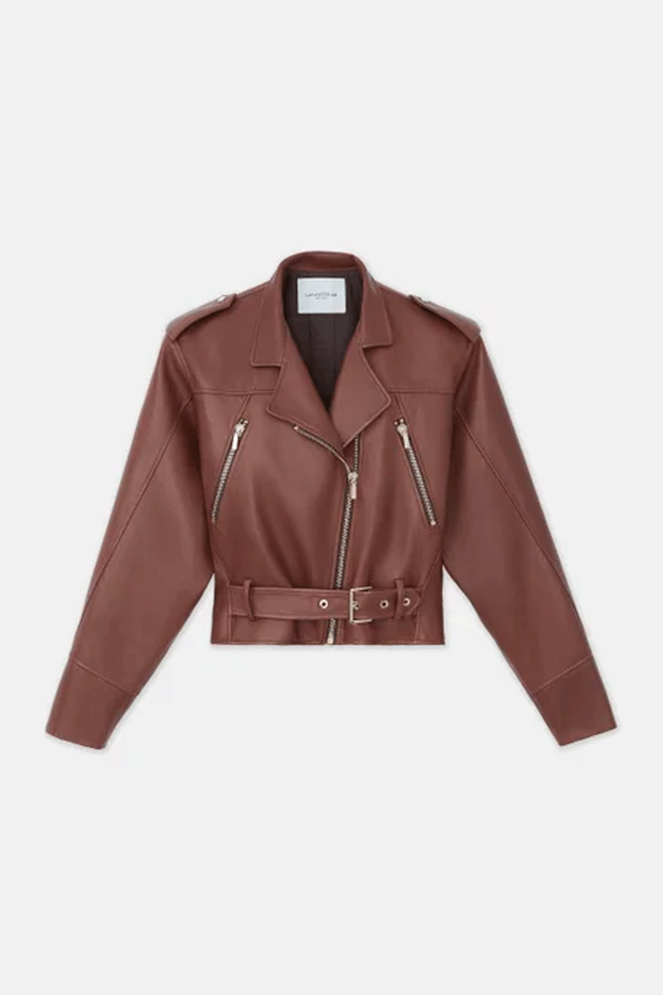 Contemporary styling meets luxe materials with this classic belted moto jacket from Lafayette 148. Expertly crafted in Italian lambskin leather with a quilted interior, it's designed with a high hip cut, a structured stand collar, snap epaulettes, and zip closures.