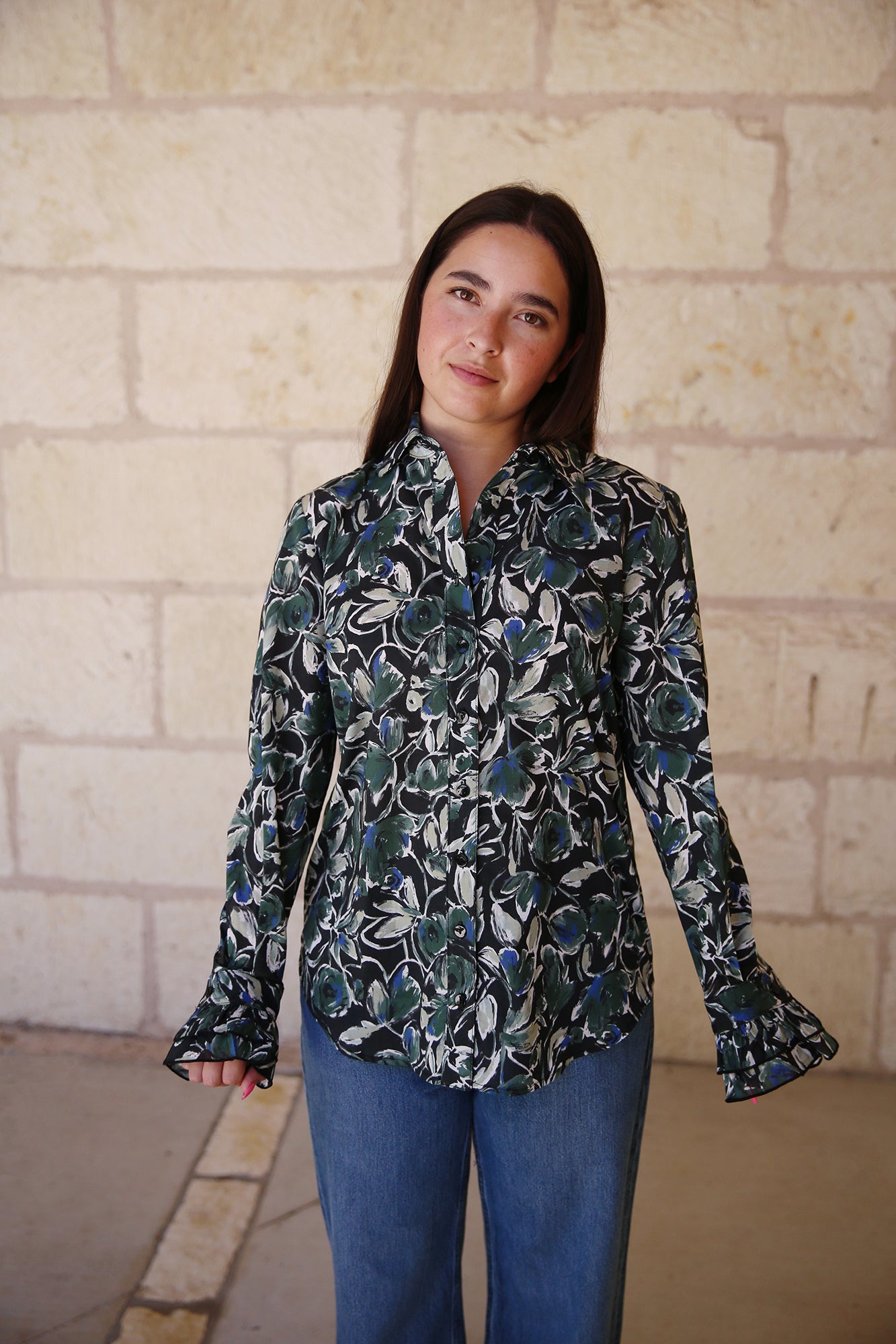 Marianne Shirt Wintergreen Foliage Olive/Black/White