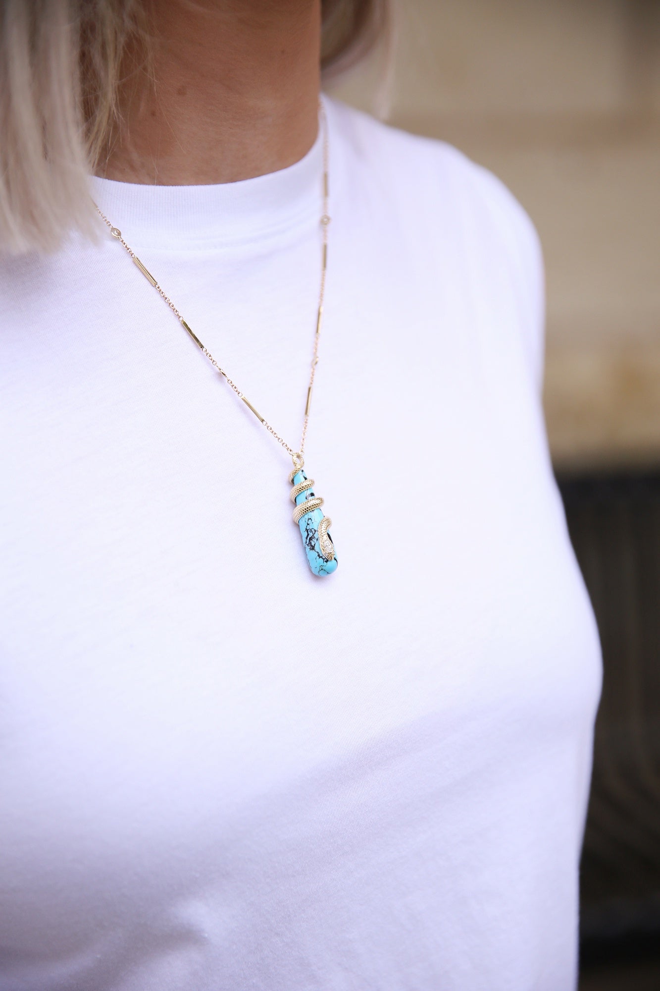 Marquise Diamond Head Snake Wrap Necklace Turquoise