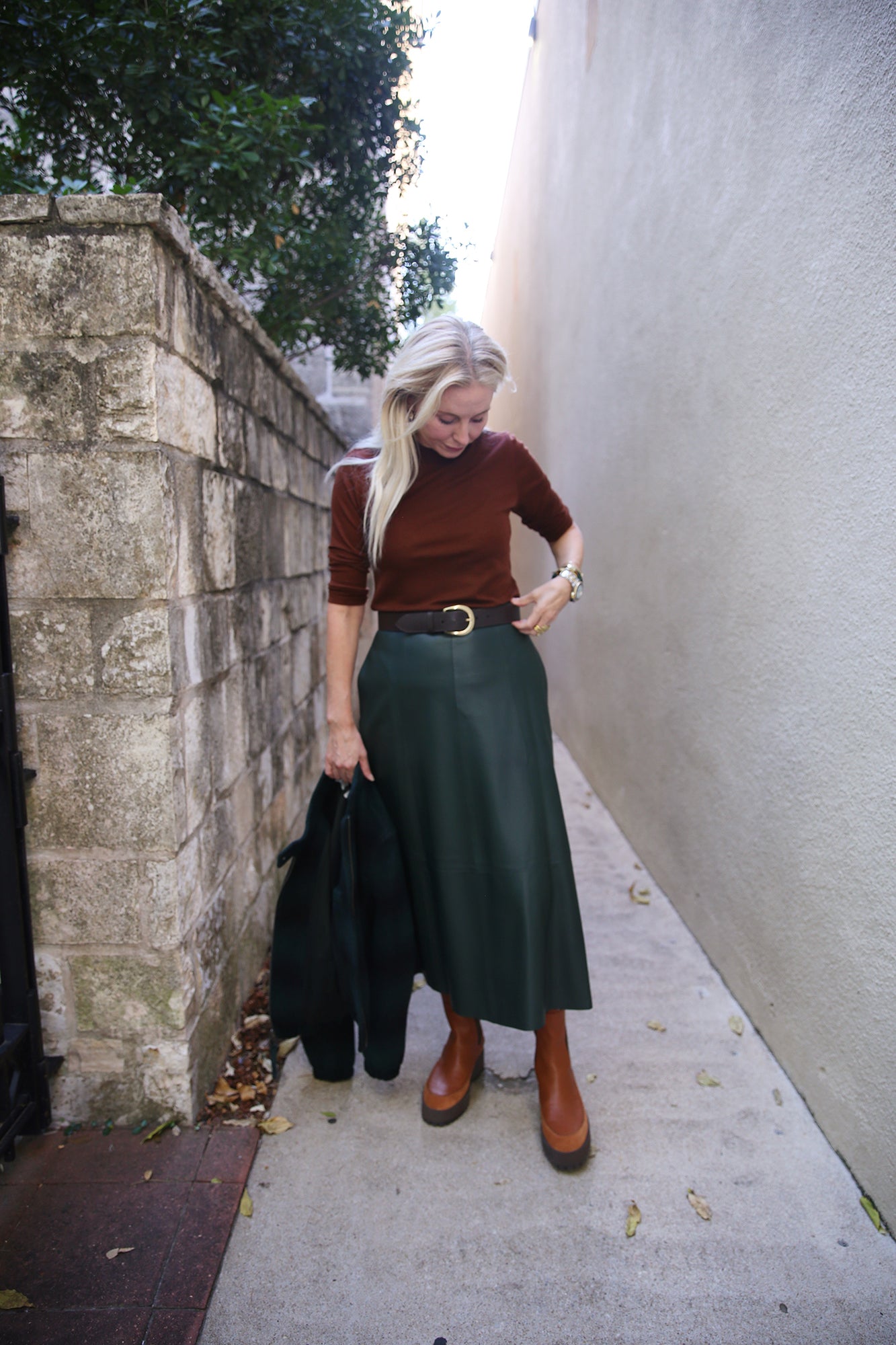 Mid-Rise Flared Leather Skirt Juniper