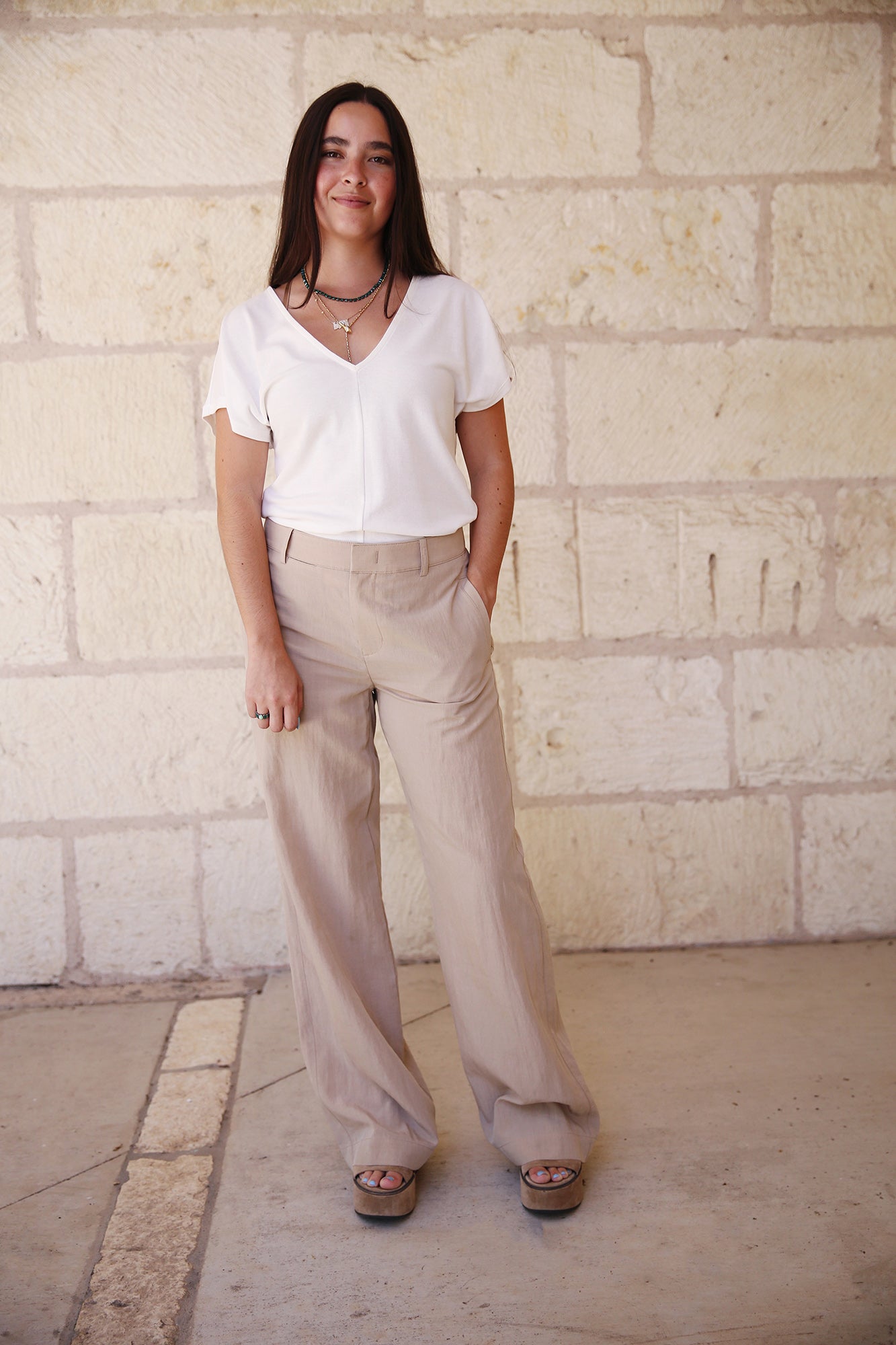 Mid Rise Textured Wide Leg Trouser Cliffside