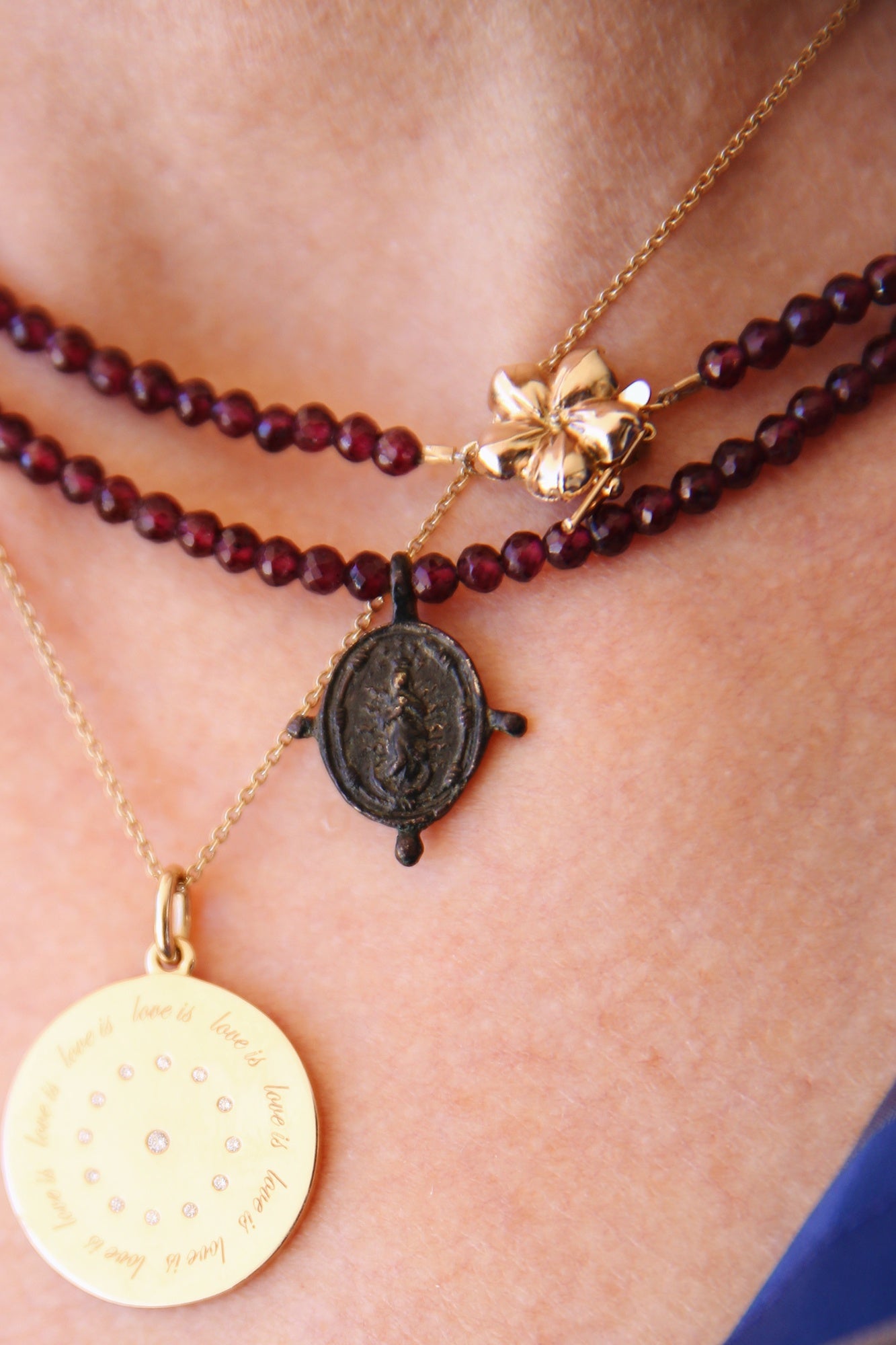 NSHAMI Religious Medal on Garnet Necklace