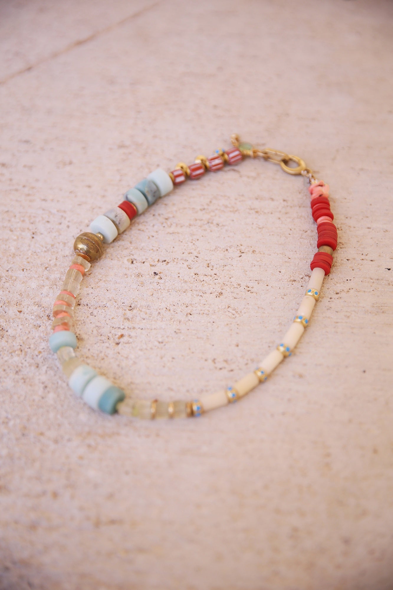 Necklace of Amazonite, Lemon Quartz, Coral, White Jade w/ Vintage African Discs + Trade Beads. Opalite, Labradorite, + Green Amethyst Charms, Brass Findings