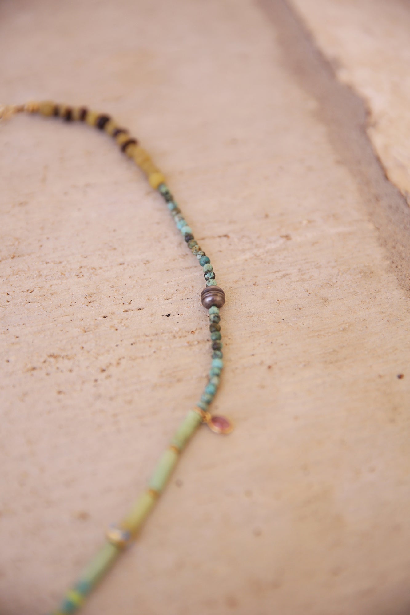 Necklace Jade, African Turquoise, Black Pearls, Uncut Garnet, Imported Old Yellow Kenya Turkana Beads, Opalite + Labradorite Charm, Brass Findings