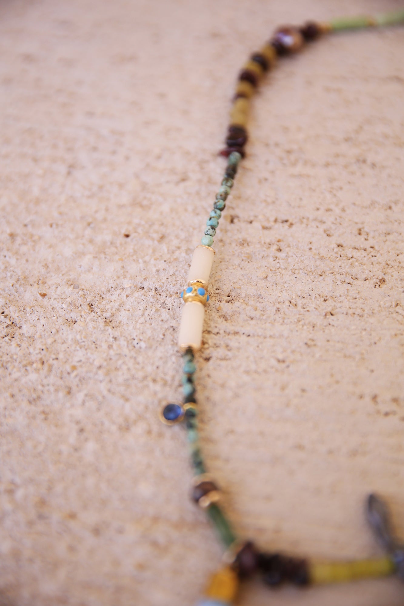 Necklace Jade, African Turquoise, Black Pearls, Uncut Garnet, Imported Old Yellow Kenya Turkana Beads, Opalite + Labradorite Charm, Brass Findings