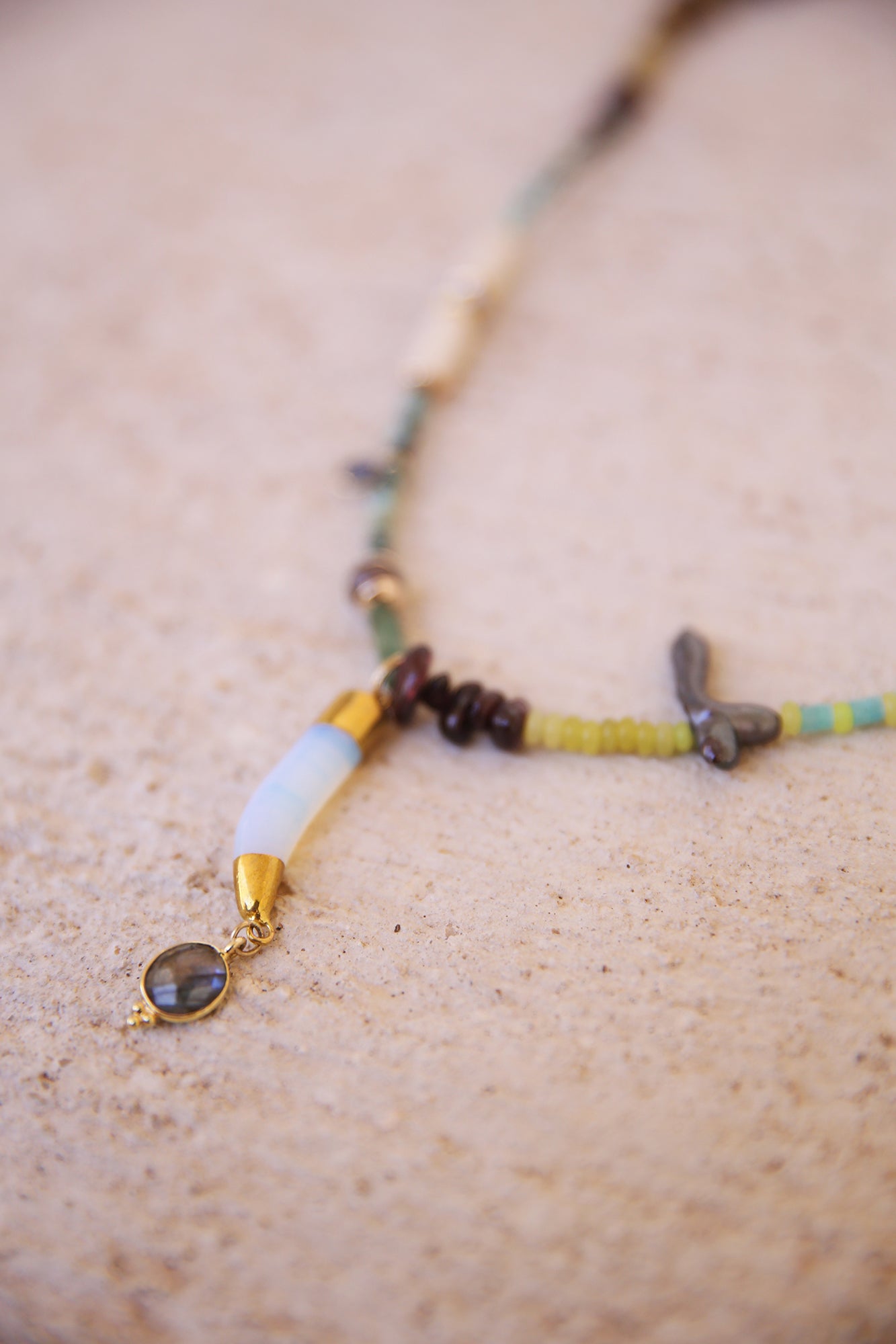 Necklace Jade, African Turquoise, Black Pearls, Uncut Garnet, Imported Old Yellow Kenya Turkana Beads, Opalite + Labradorite Charm, Brass Findings