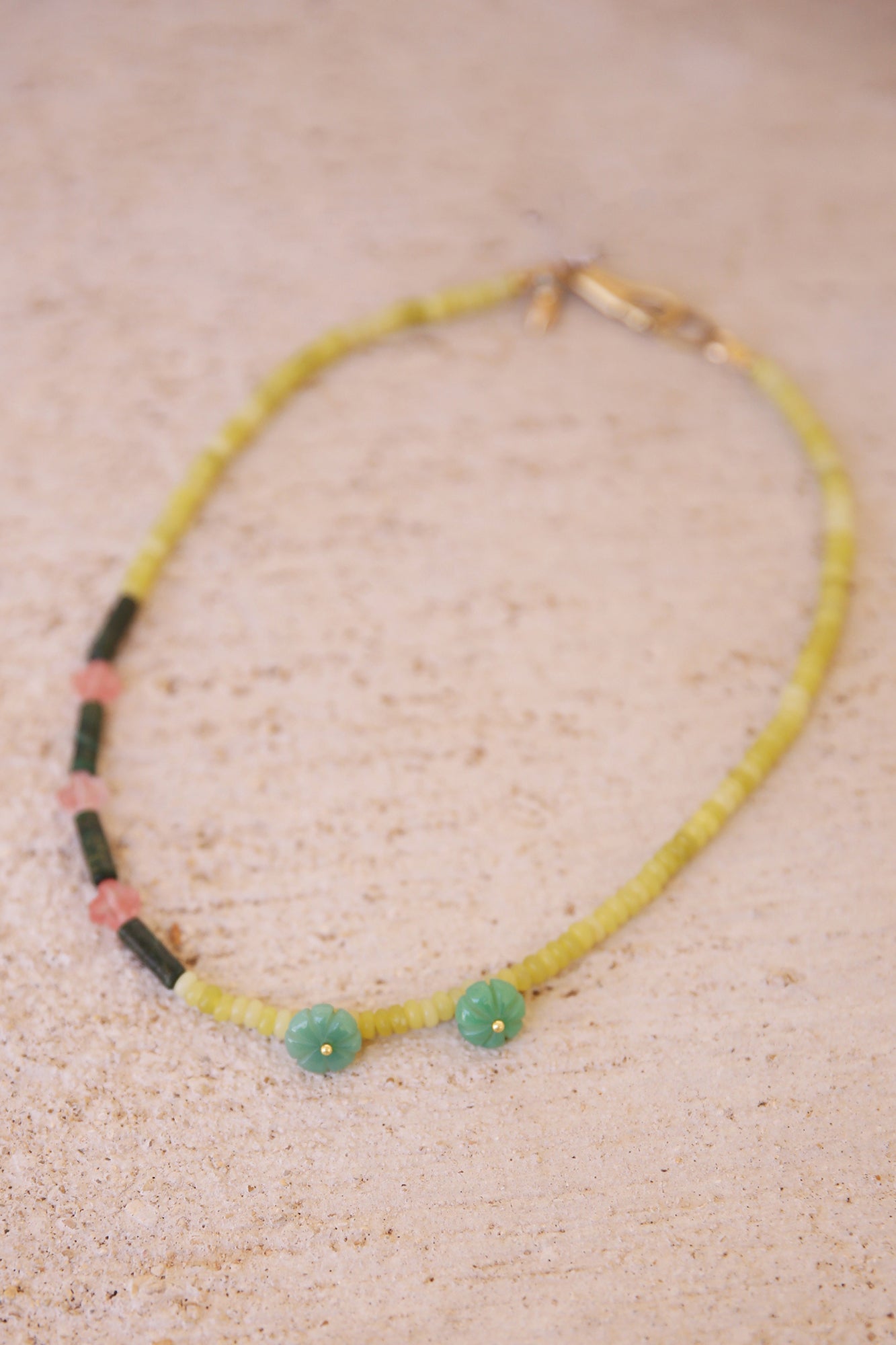 Necklace w/ Lemon Jade, Green Jade, Strawberry Quartz + Brass Findings