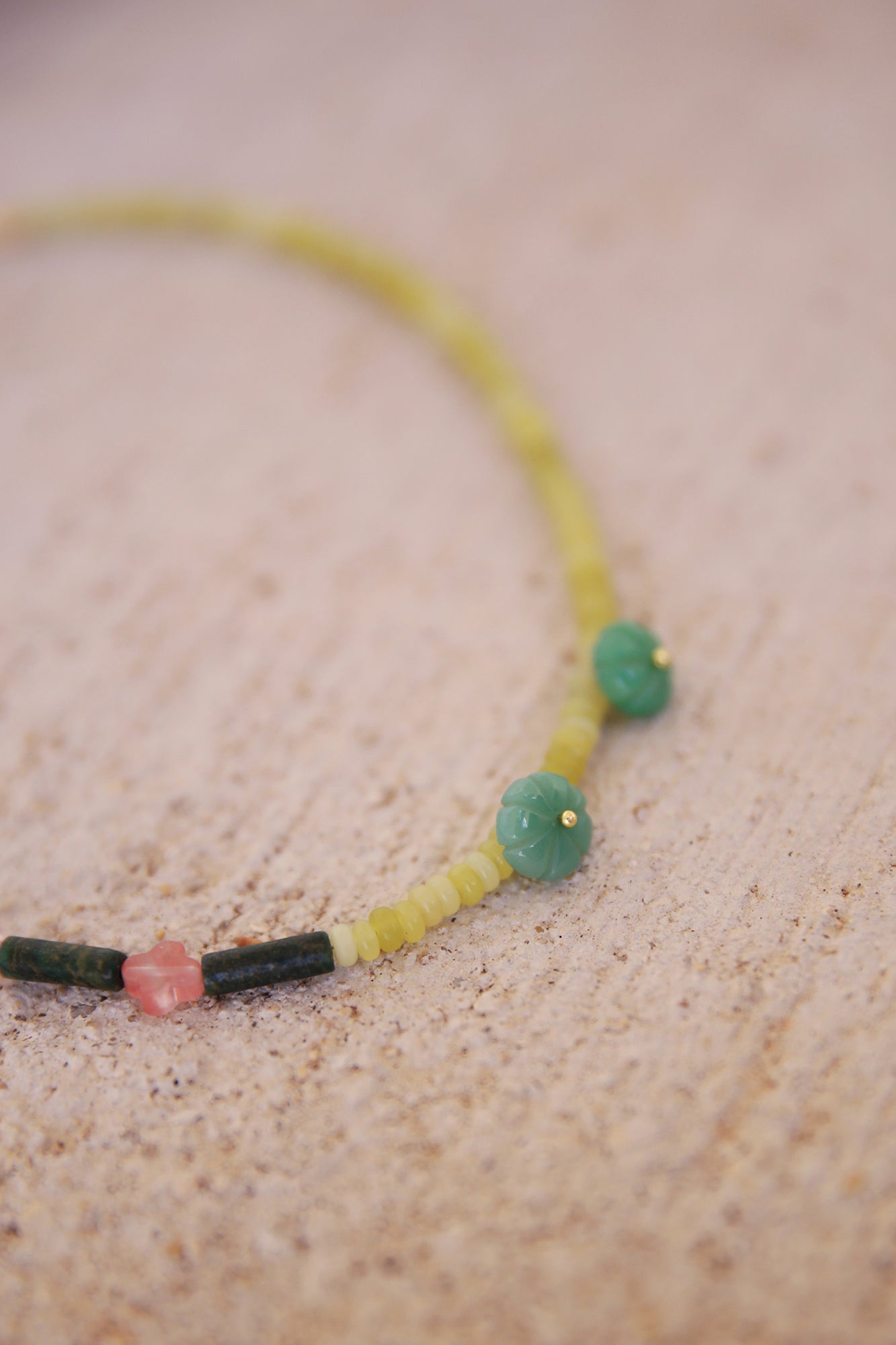 Necklace w/ Lemon Jade, Green Jade, Strawberry Quartz + Brass Findings