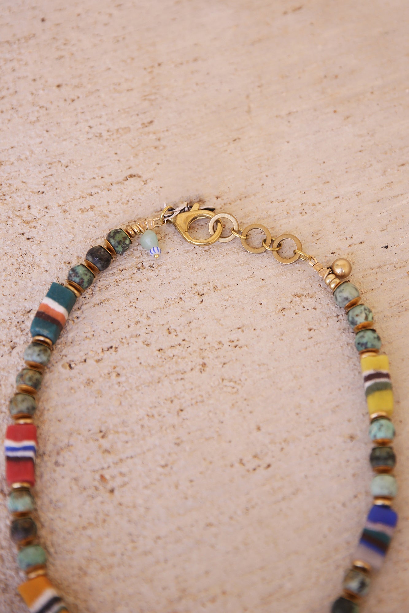 Necklace with African Turquoise, Ghanaian Sandcast Beads and Brass Findings