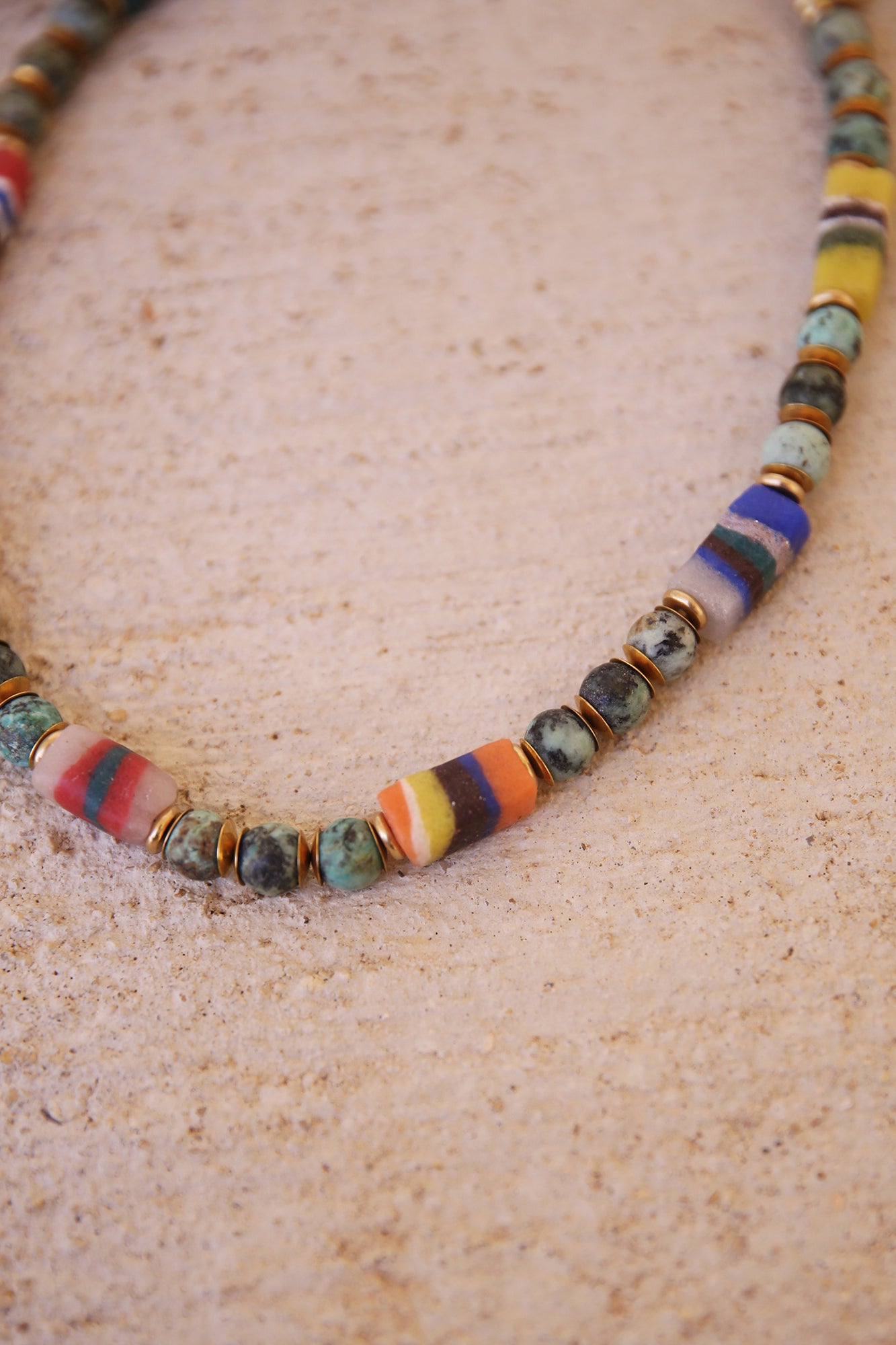 Necklace with African Turquoise, Ghanaian Sandcast Beads and Brass Findings