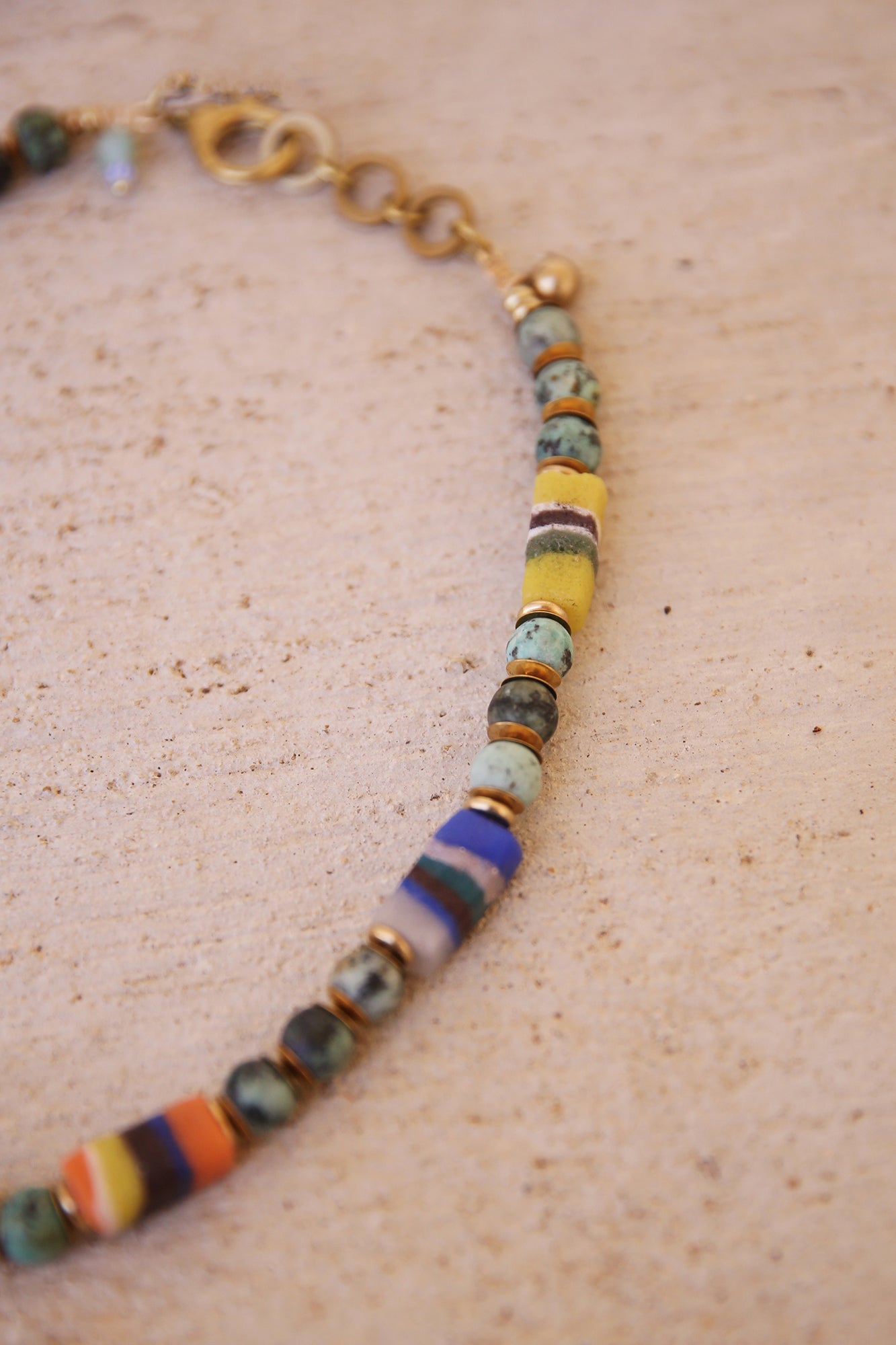 Necklace with African Turquoise, Ghanaian Sandcast Beads and Brass Findings