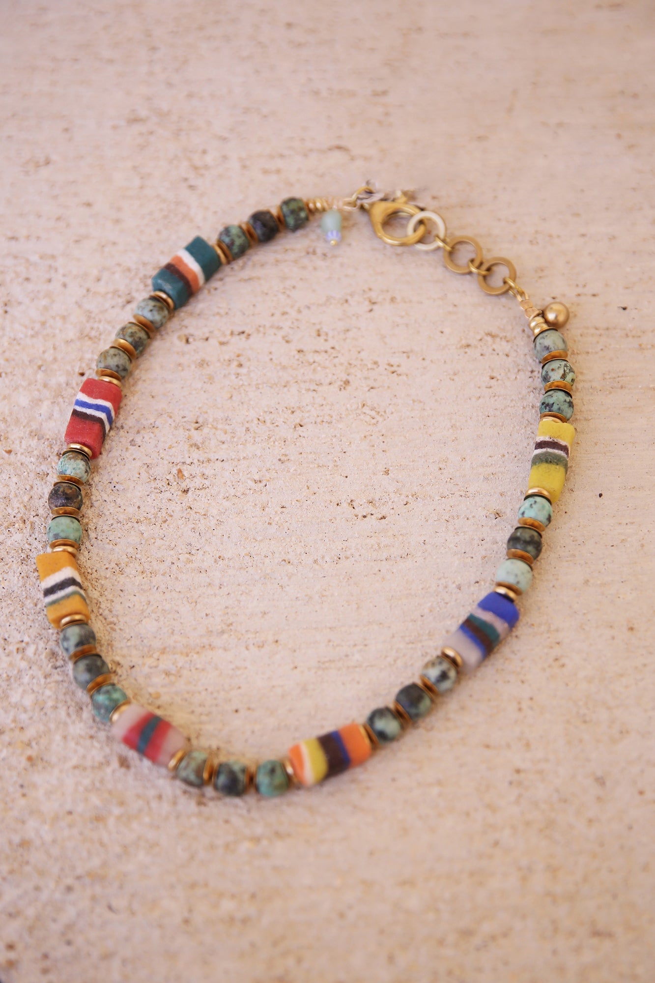 Necklace with African Turquoise, Ghanaian Sandcast Beads and Brass Findings
