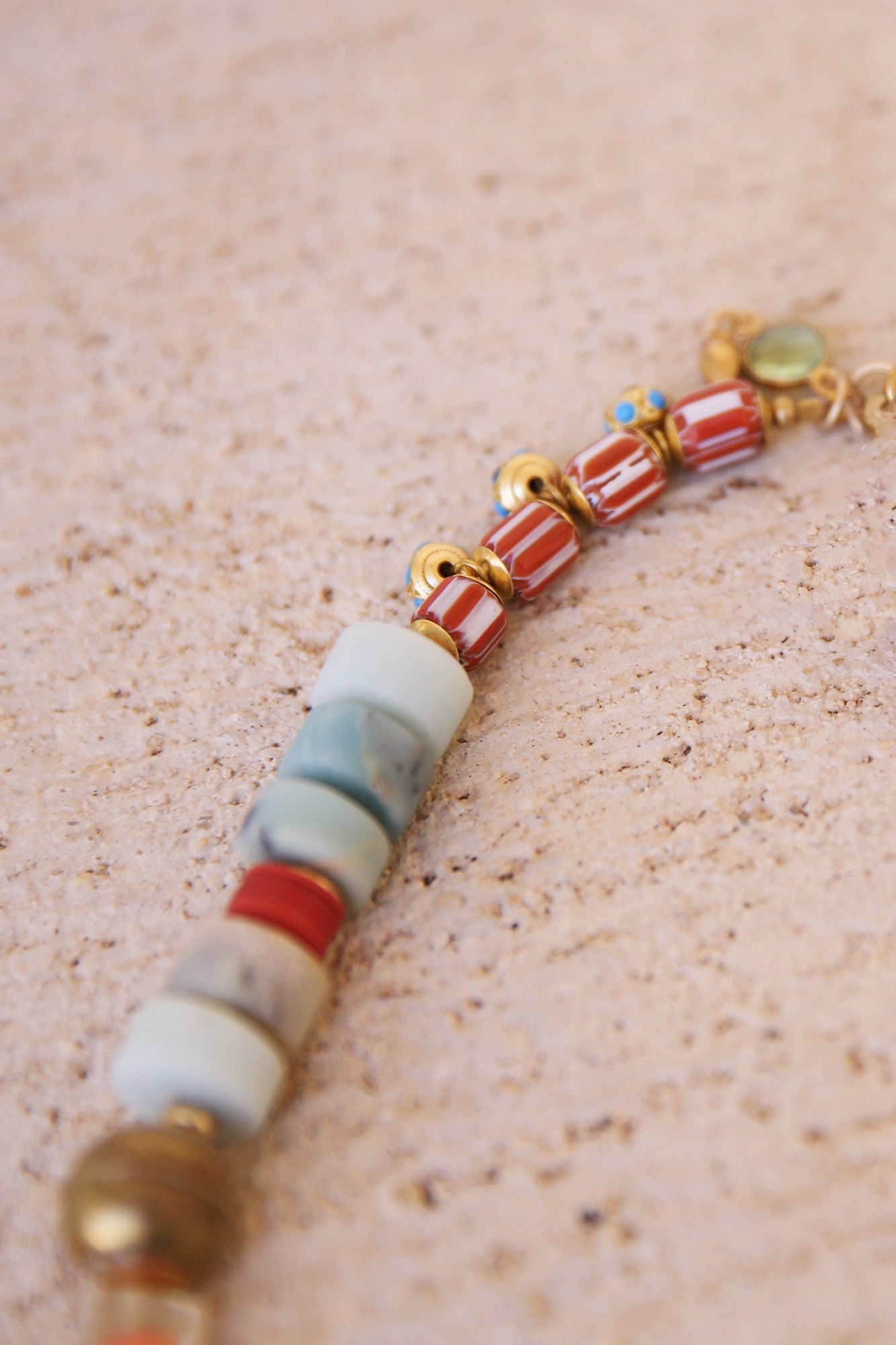 Necklace of Amazonite, Lemon Quartz, Coral, White Jade w/ Vintage African Discs + Trade Beads. Opalite, Labradorite, + Green Amethyst Charms, Brass Findings