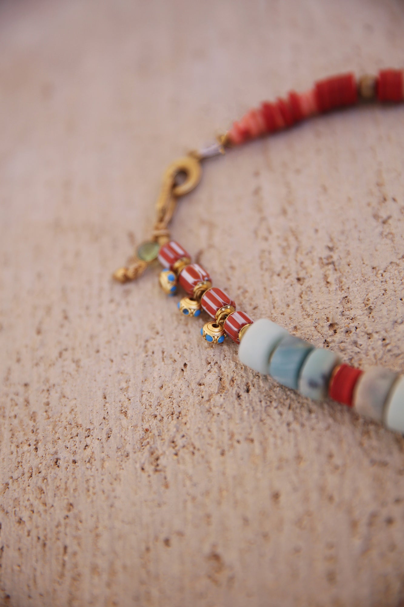 Necklace of Amazonite, Lemon Quartz, Coral, White Jade w/ Vintage African Discs + Trade Beads. Opalite, Labradorite, + Green Amethyst Charms, Brass Findings