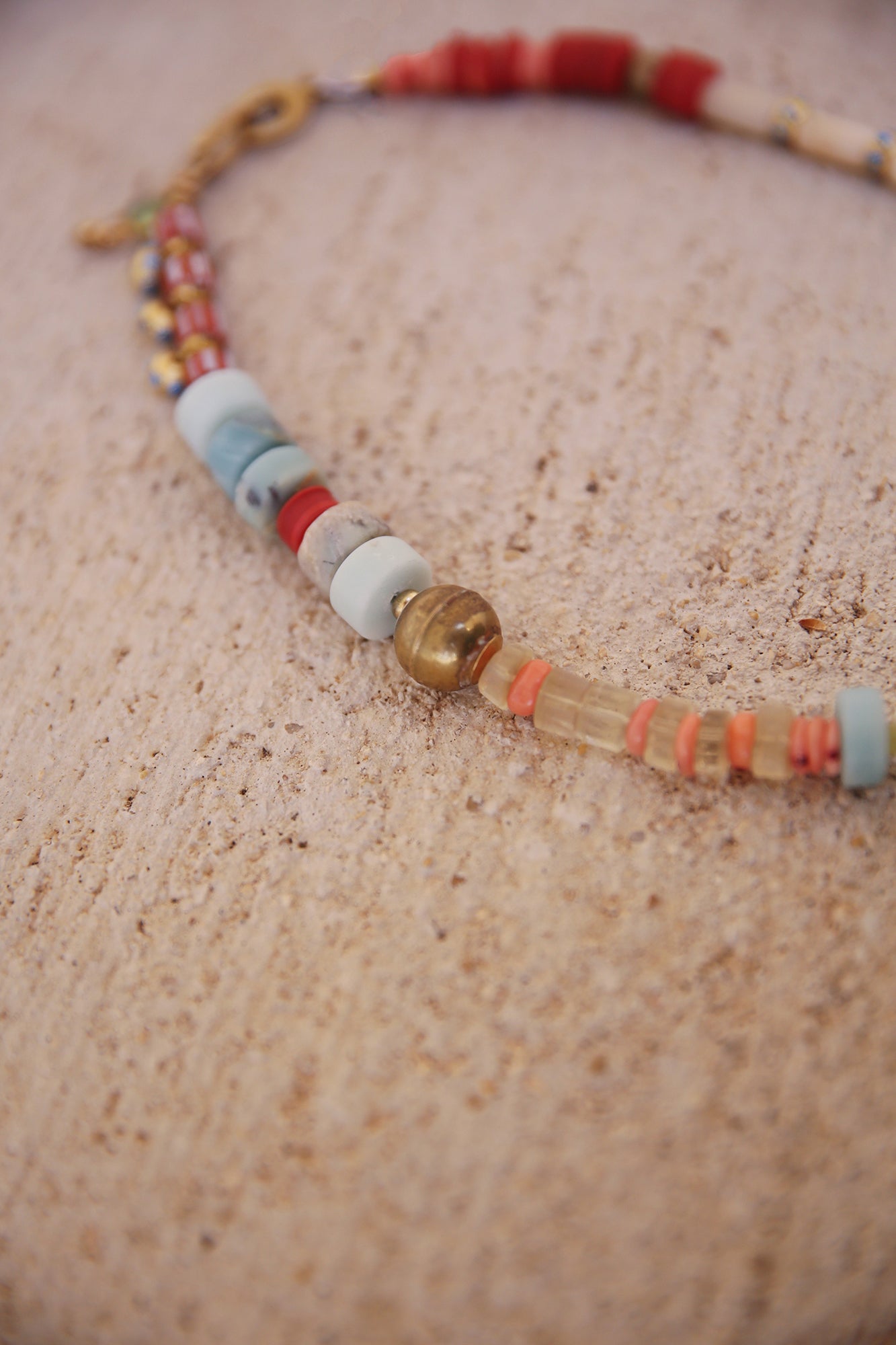 Necklace of Amazonite, Lemon Quartz, Coral, White Jade w/ Vintage African Discs + Trade Beads. Opalite, Labradorite, + Green Amethyst Charms, Brass Findings