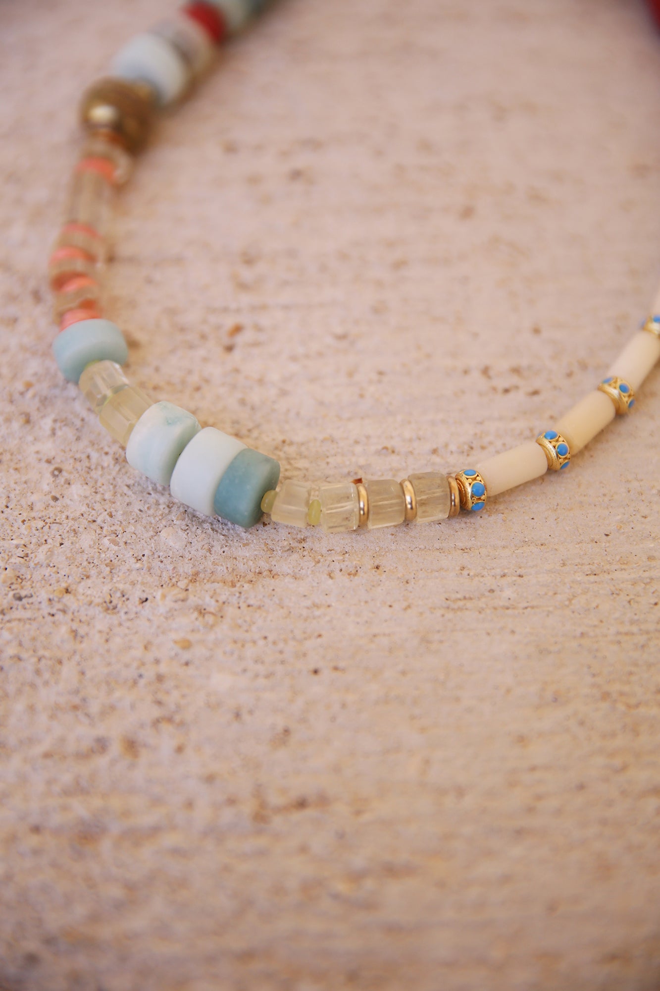 Necklace of Amazonite, Lemon Quartz, Coral, White Jade w/ Vintage African Discs + Trade Beads. Opalite, Labradorite, + Green Amethyst Charms, Brass Findings
