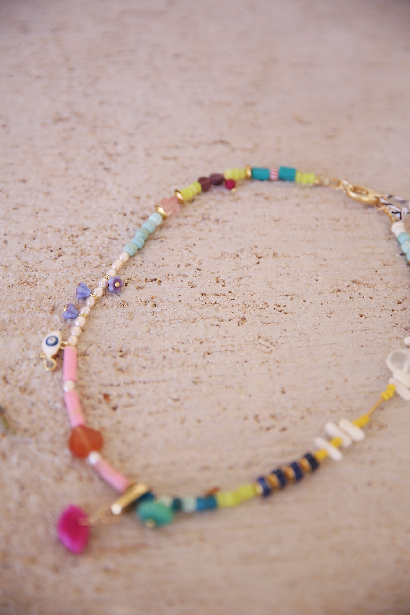 Necklace w/ Lemon + Green Jade, Apatite, Lapis, Quartz, Jasper, Magnesite, Czech Glass Flowers, + Handcarved Pink Chalcedony Lip Charm