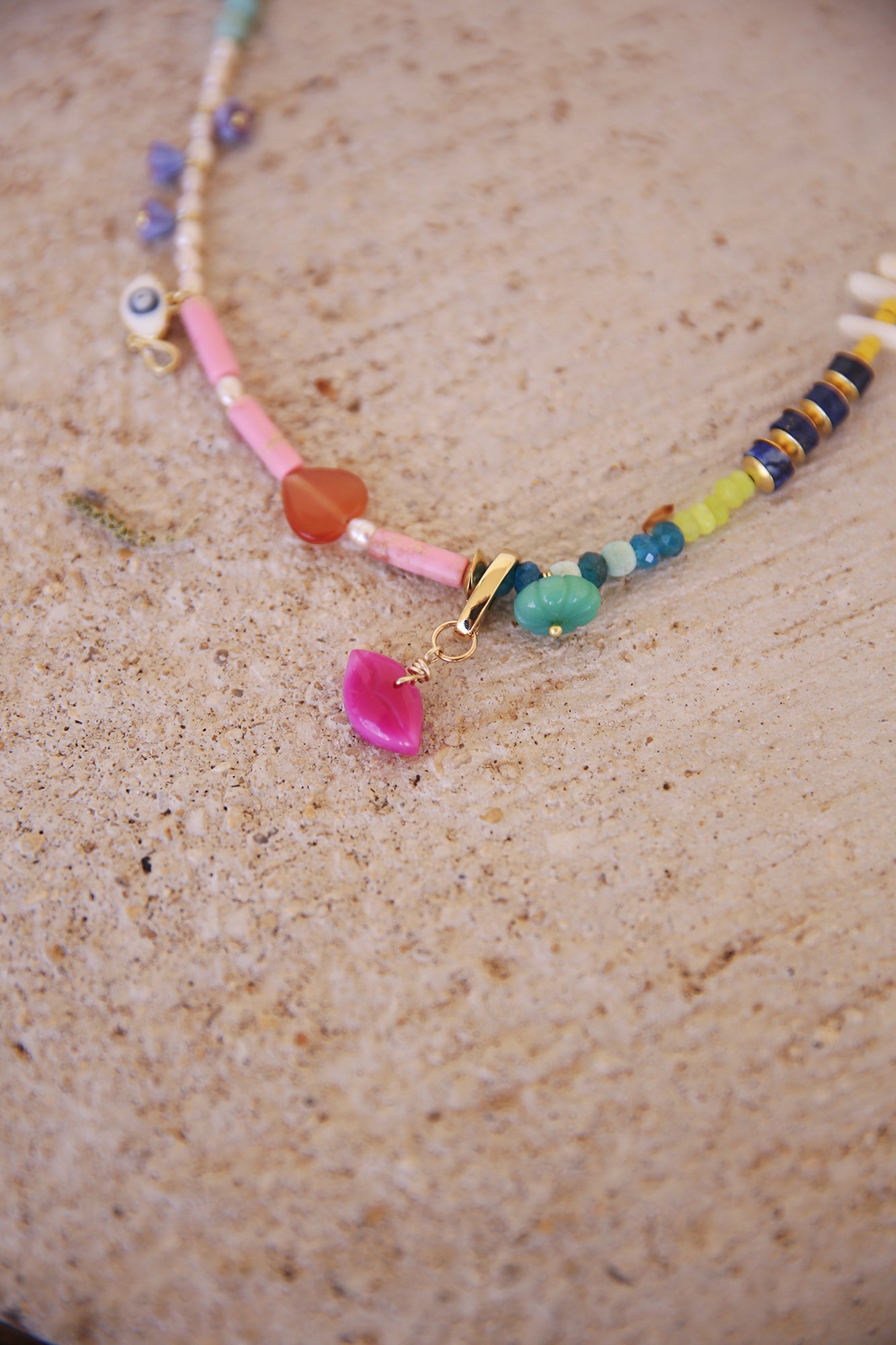 Necklace w/ Lemon + Green Jade, Apatite, Lapis, Quartz, Jasper, Magnesite, Czech Glass Flowers, + Handcarved Pink Chalcedony Lip Charm