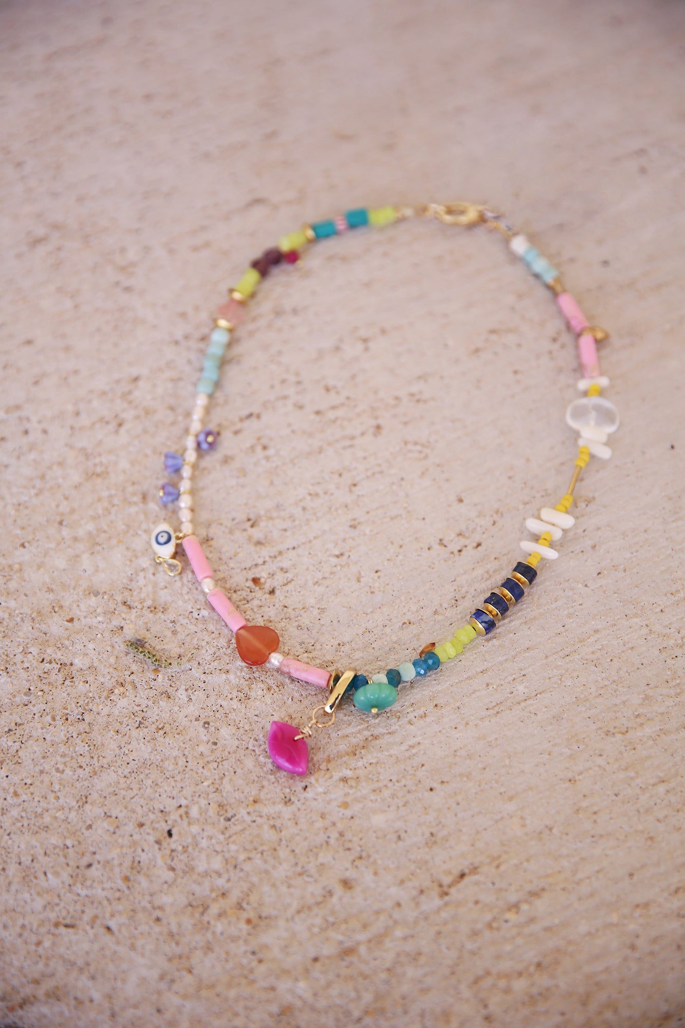 Necklace w/ Lemon + Green Jade, Apatite, Lapis, Quartz, Jasper, Magnesite, Czech Glass Flowers, + Handcarved Pink Chalcedony Lip Charm