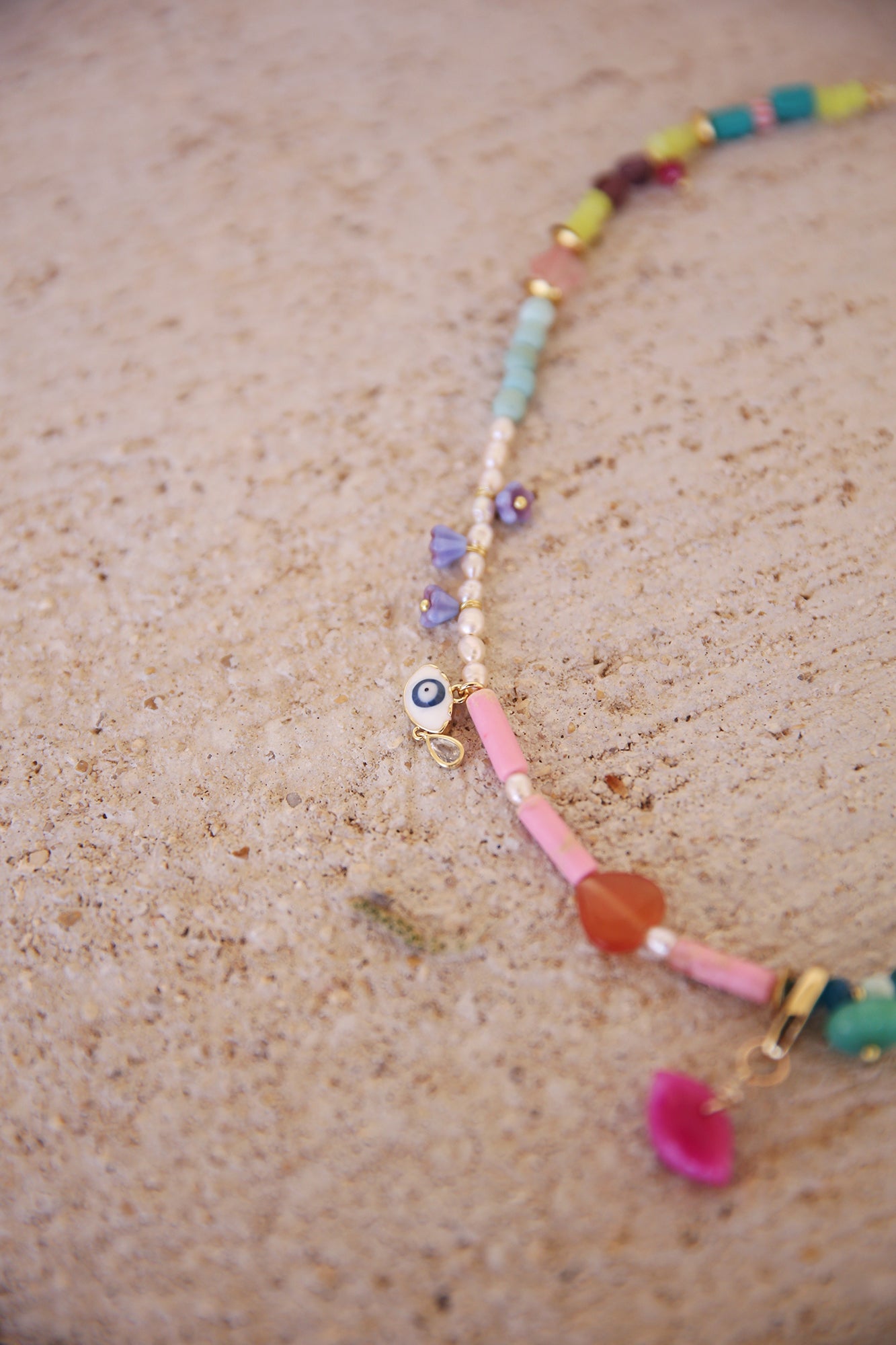 Necklace w/ Lemon + Green Jade, Apatite, Lapis, Quartz, Jasper, Magnesite, Czech Glass Flowers, + Handcarved Pink Chalcedony Lip Charm