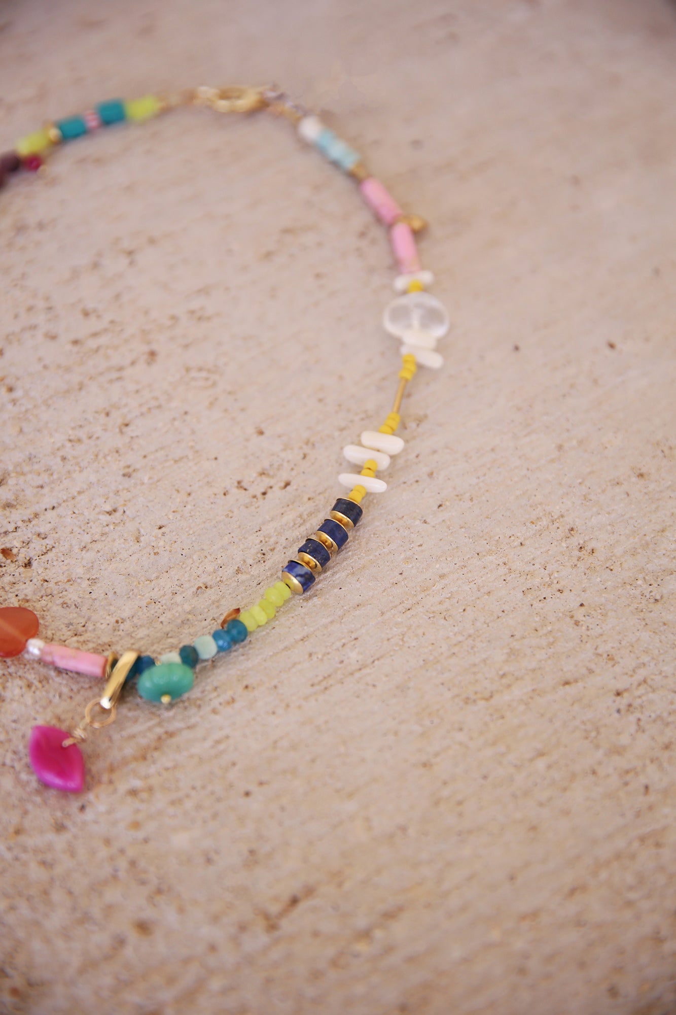 Necklace w/ Lemon + Green Jade, Apatite, Lapis, Quartz, Jasper, Magnesite, Czech Glass Flowers, + Handcarved Pink Chalcedony Lip Charm