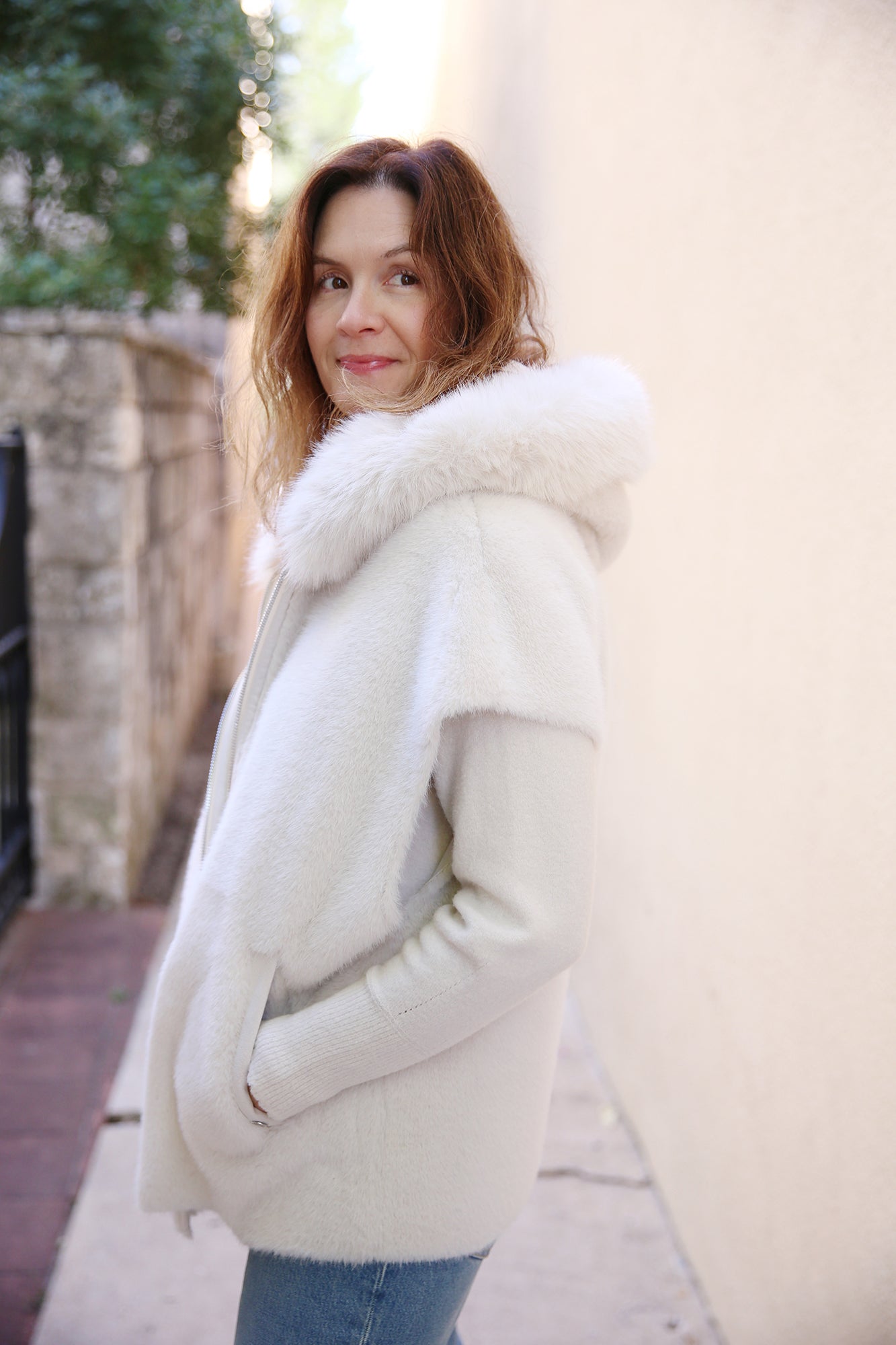 Out Of The Woods Oversized Hooded Vest in Fun Fur Smoke