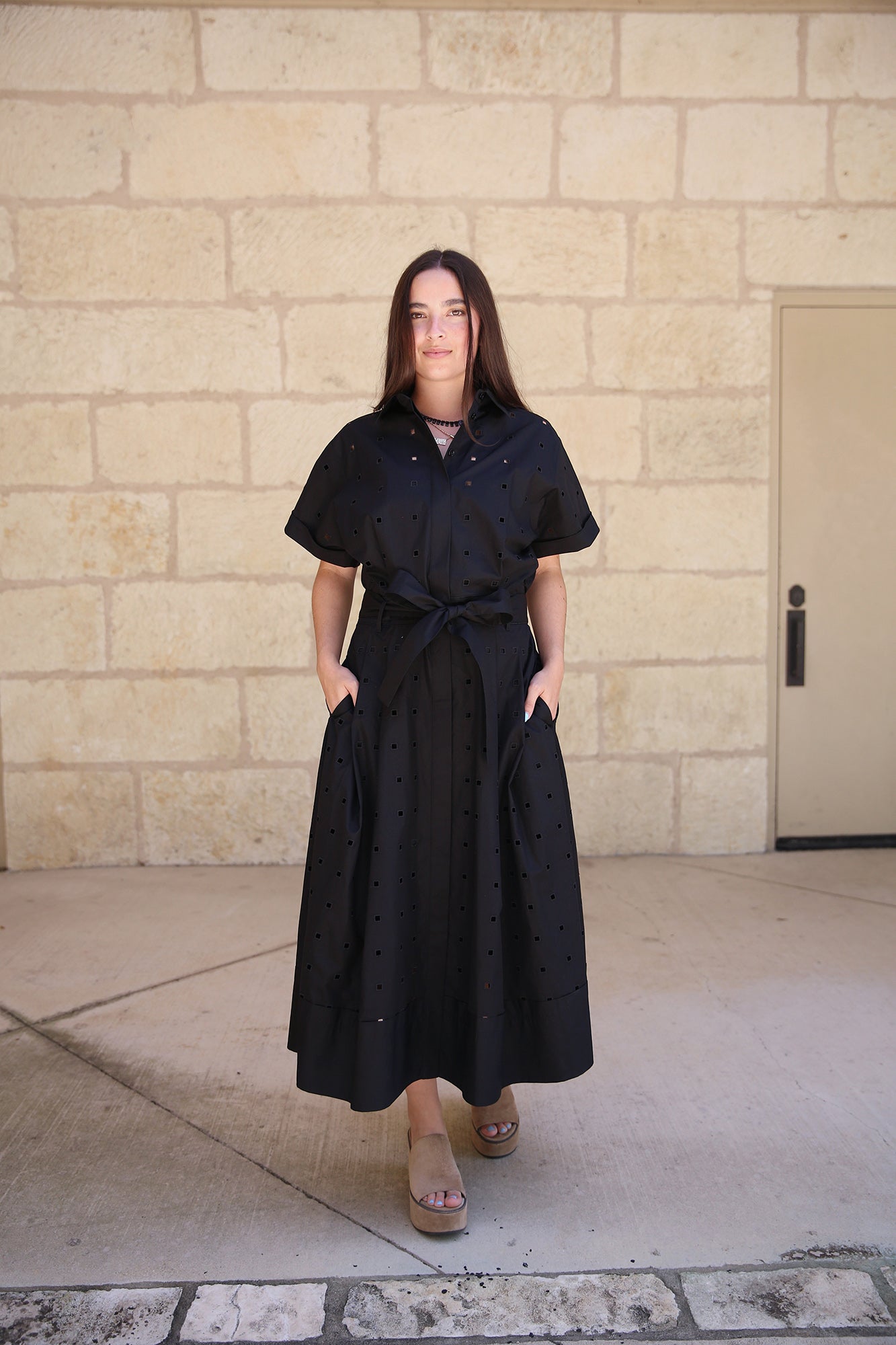 Organic Cotton Poplin Hand-Cut Black Eyelet Shirtdress