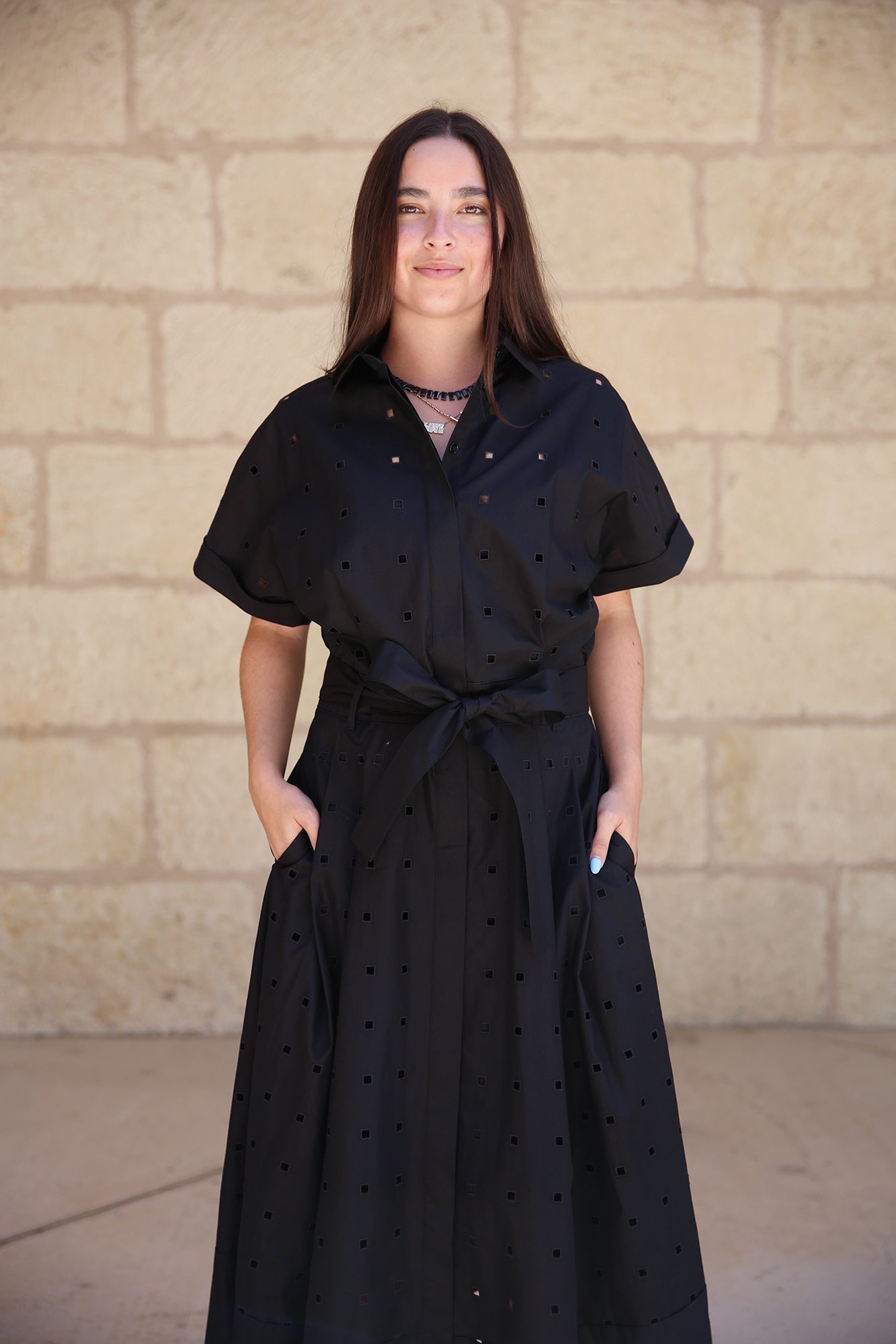 Organic Cotton Poplin Hand-Cut Black Eyelet Shirtdress