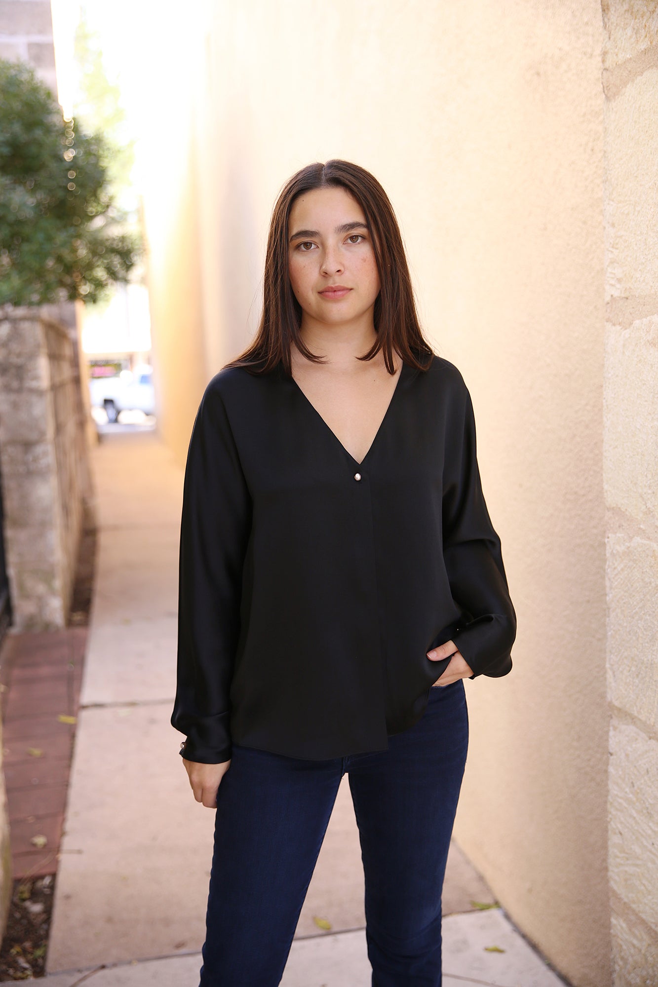 Pearl-Button Long Sleeve V-Neck Blouse Black