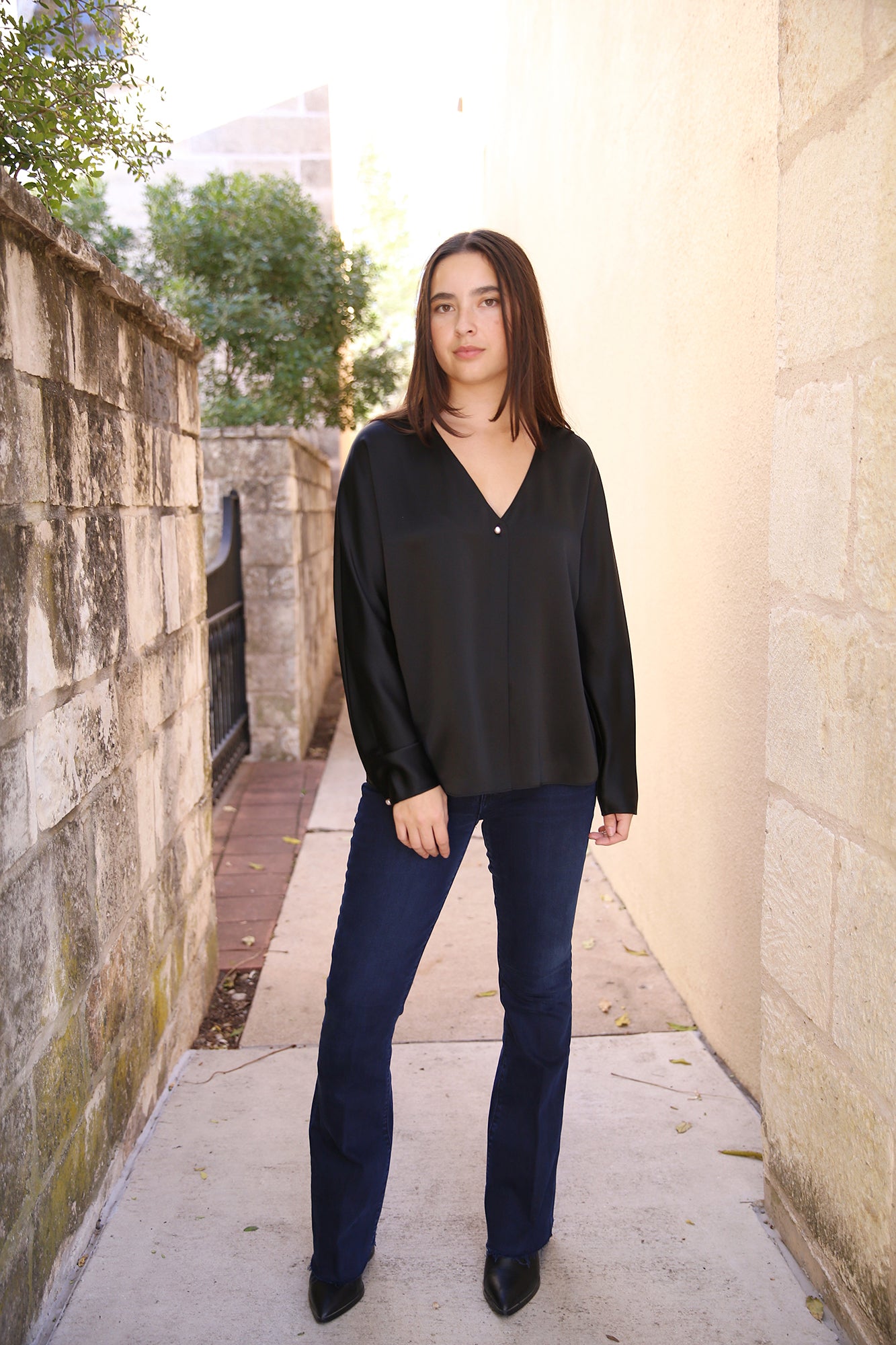 Pearl-Button Long Sleeve V-Neck Blouse Black