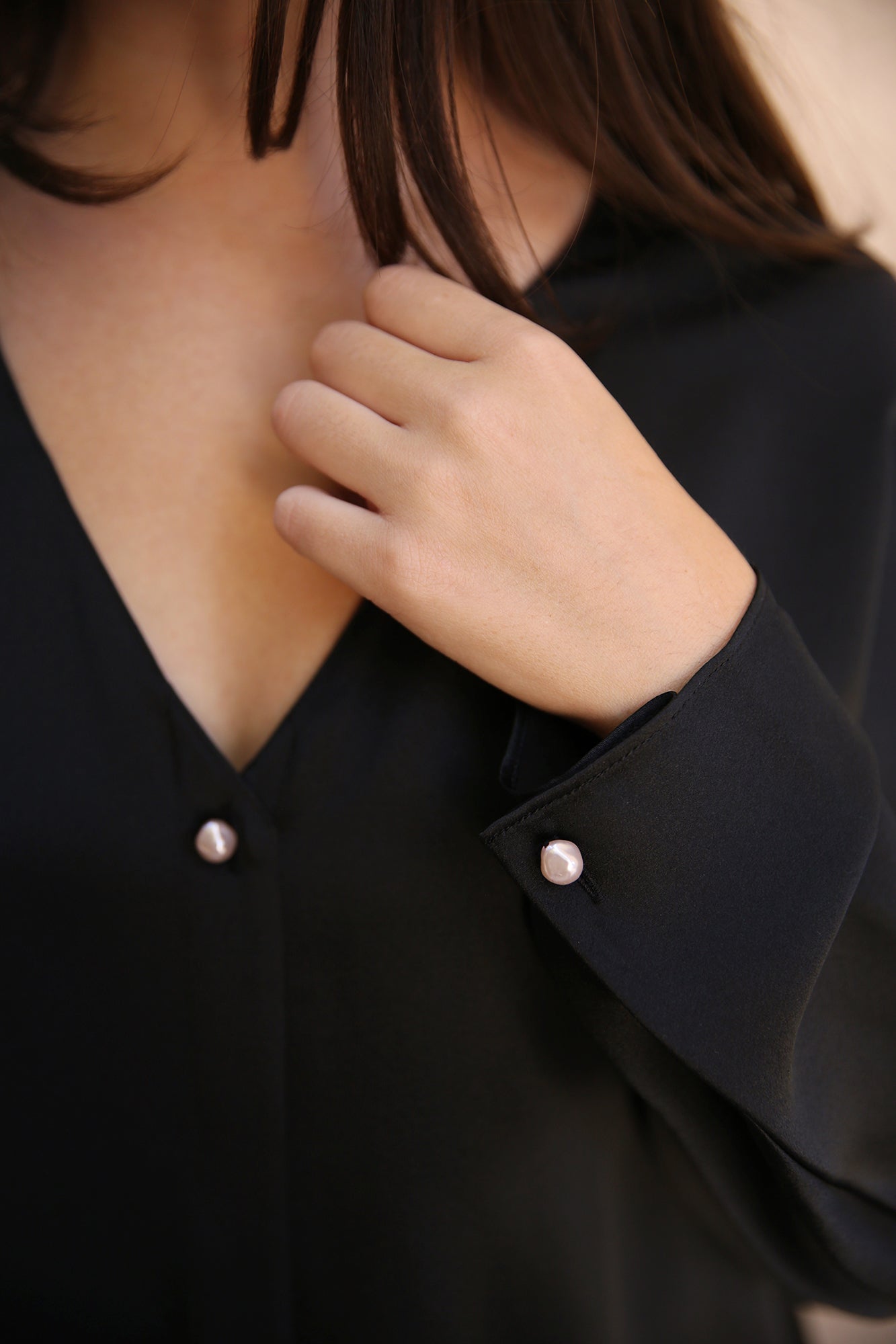 Pearl-Button Long Sleeve V-Neck Blouse Black