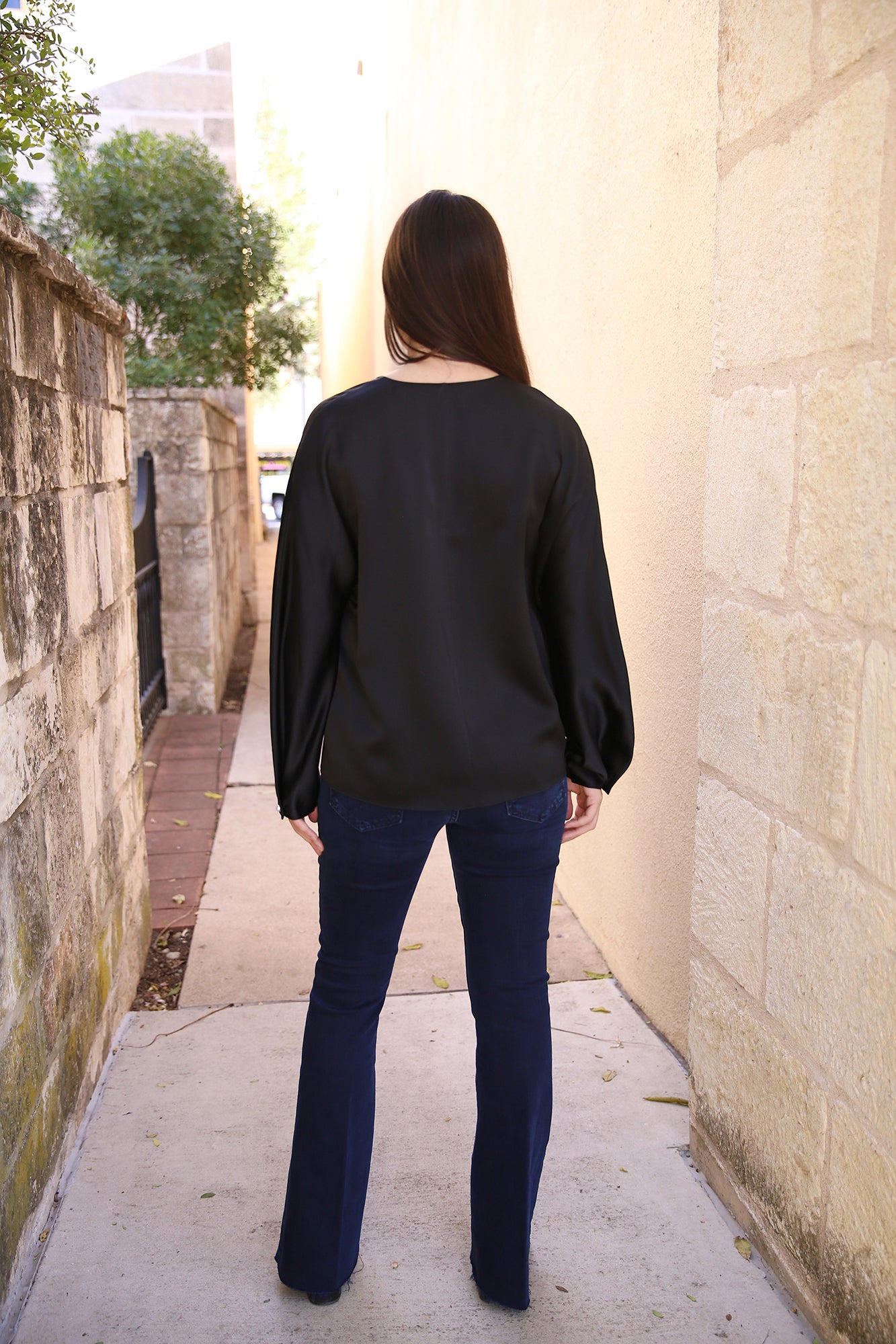 Pearl-Button Long Sleeve V-Neck Blouse Black