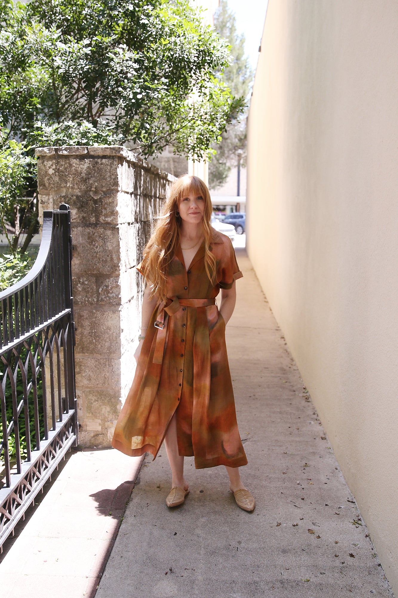 Pastel Print Gemma Cloth Voile Belted Shirtdress Red Ochre Multi