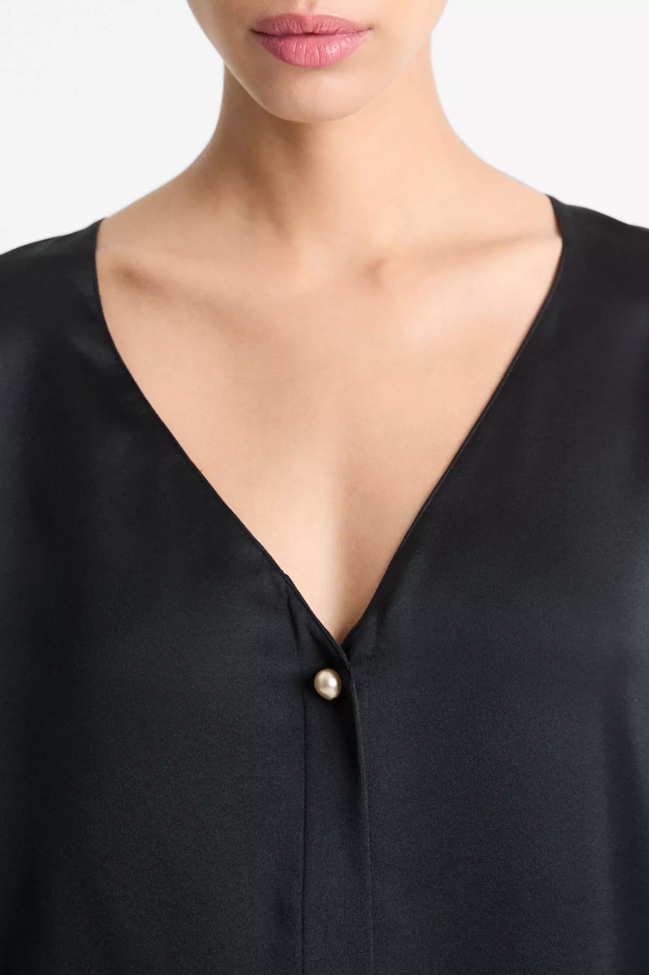 Pearl-Button Long Sleeve V-Neck Blouse Black