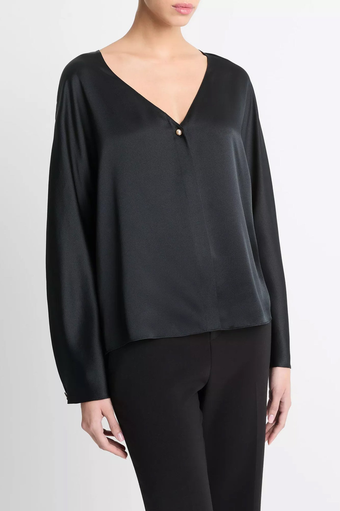 Pearl-Button Long Sleeve V-Neck Blouse Black