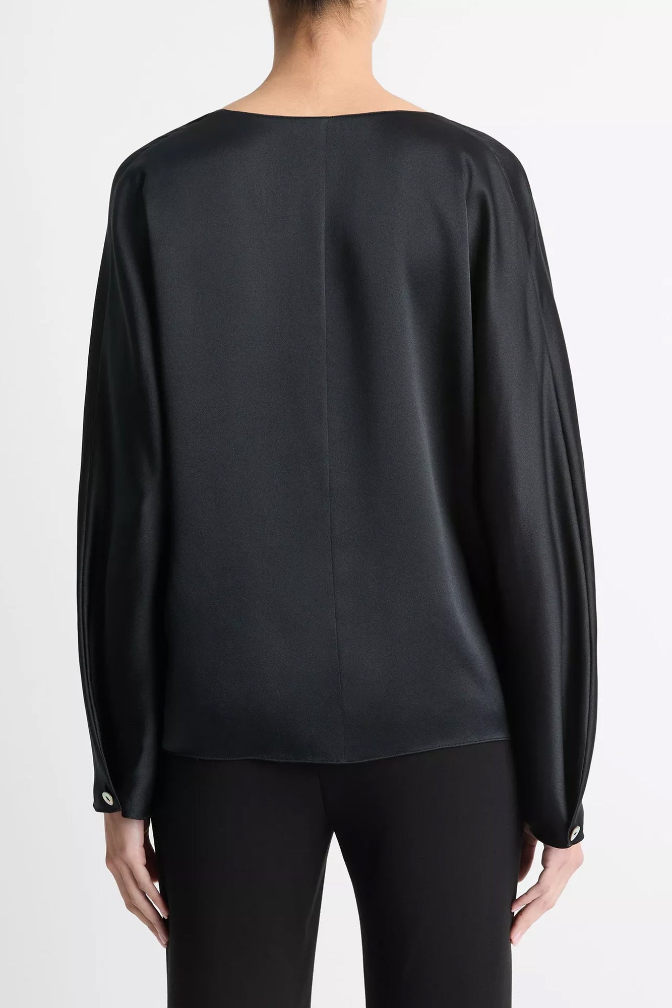 Pearl-Button Long Sleeve V-Neck Blouse Black