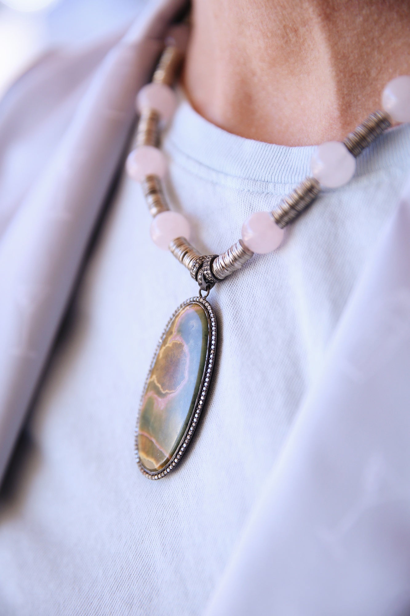 PERIGEE Ocean Jasper Silver Diamond Pink Quartz Necklace