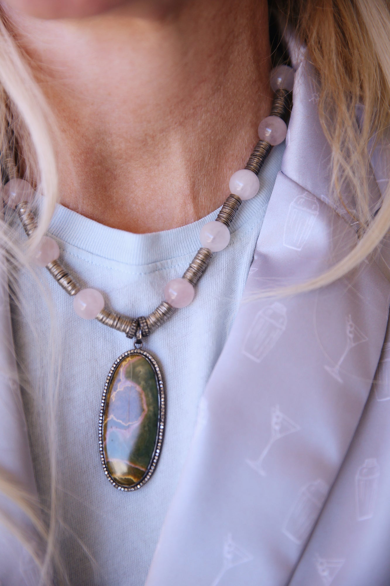 PERIGEE Ocean Jasper Silver Diamond Pink Quartz Necklace